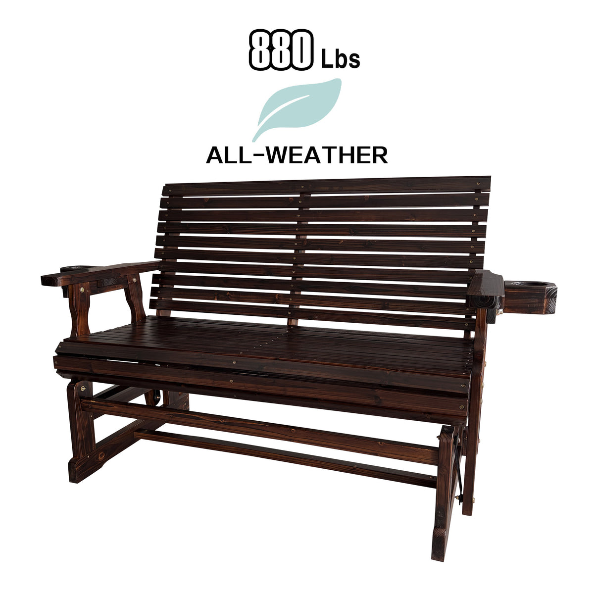 Fortune Candy Patio Glider with Cup Holders, High Roll Back and Deep Contoured Seat,Heavy Duty 880 Lb (Deep Brown, 2-Seater)