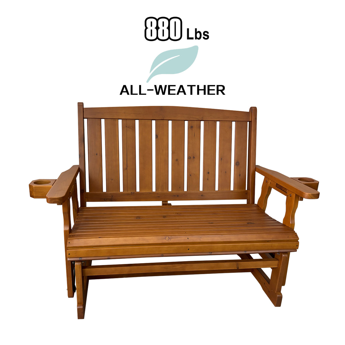 Fortune Candy Wooden Patio Glider, with Cup Holders, High Back and Deep Contoured Seat, Solid Fir Wood, Heavy Duty 880 LBS (Teak Tone, 2-Seater)