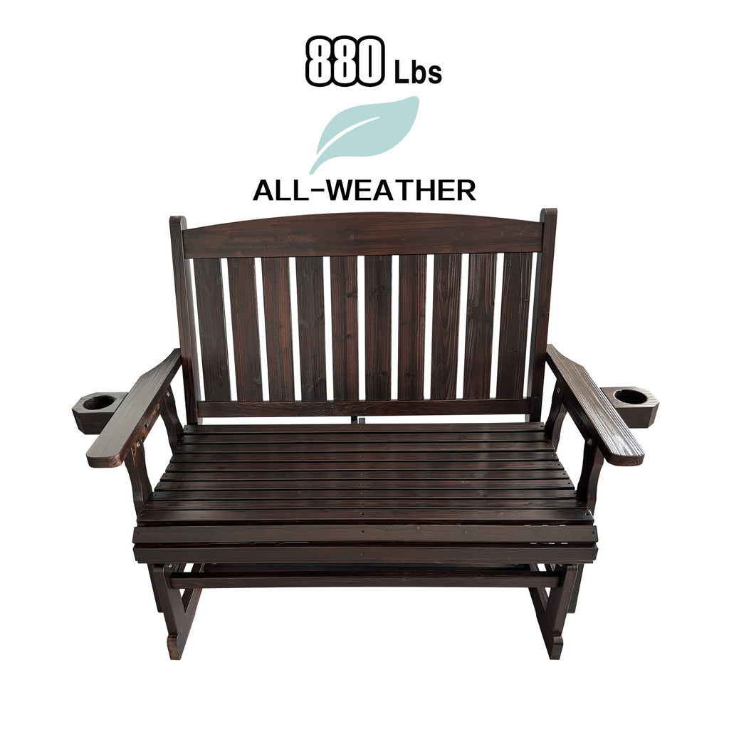 Fortune Candy Wooden Patio Glider, with Cup Holders, High Back and Deep Contoured Seat, Solid Fir Wood, Heavy Duty 880 LBS (Deep Brown, 2-Seater)