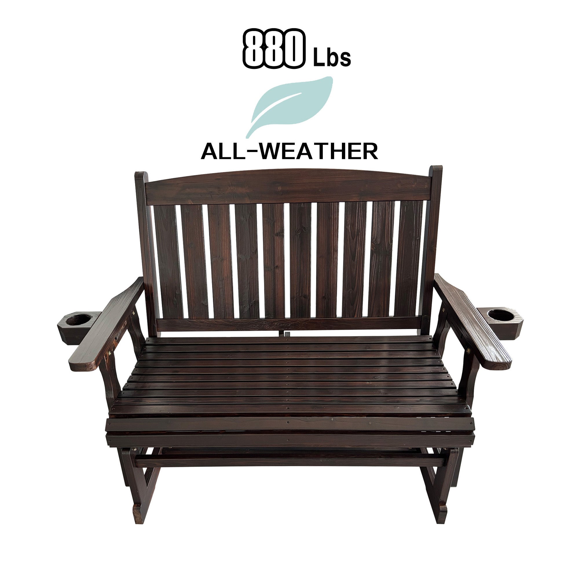 Fortune Candy Wooden Patio Glider, with Cup Holders, High Back and Deep Contoured Seat, Solid Fir Wood, Heavy Duty 880 LBS (Deep Brown, 2-Seater)