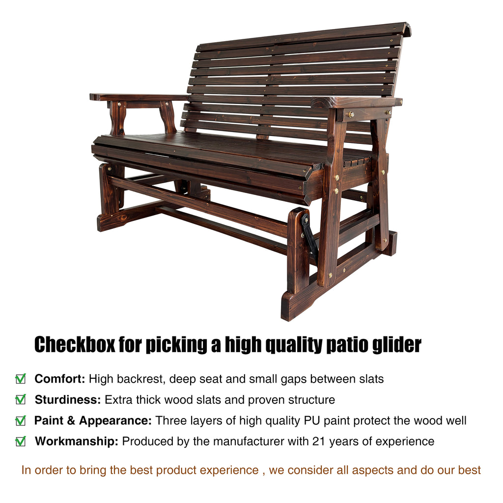 Wooden Patio Glider with High Roll Back and Deep Contoured Seat, Solid Fir Wood, 2-Seater, Heavy Duty 800 LBS, 4 Feet (Deep Brown)