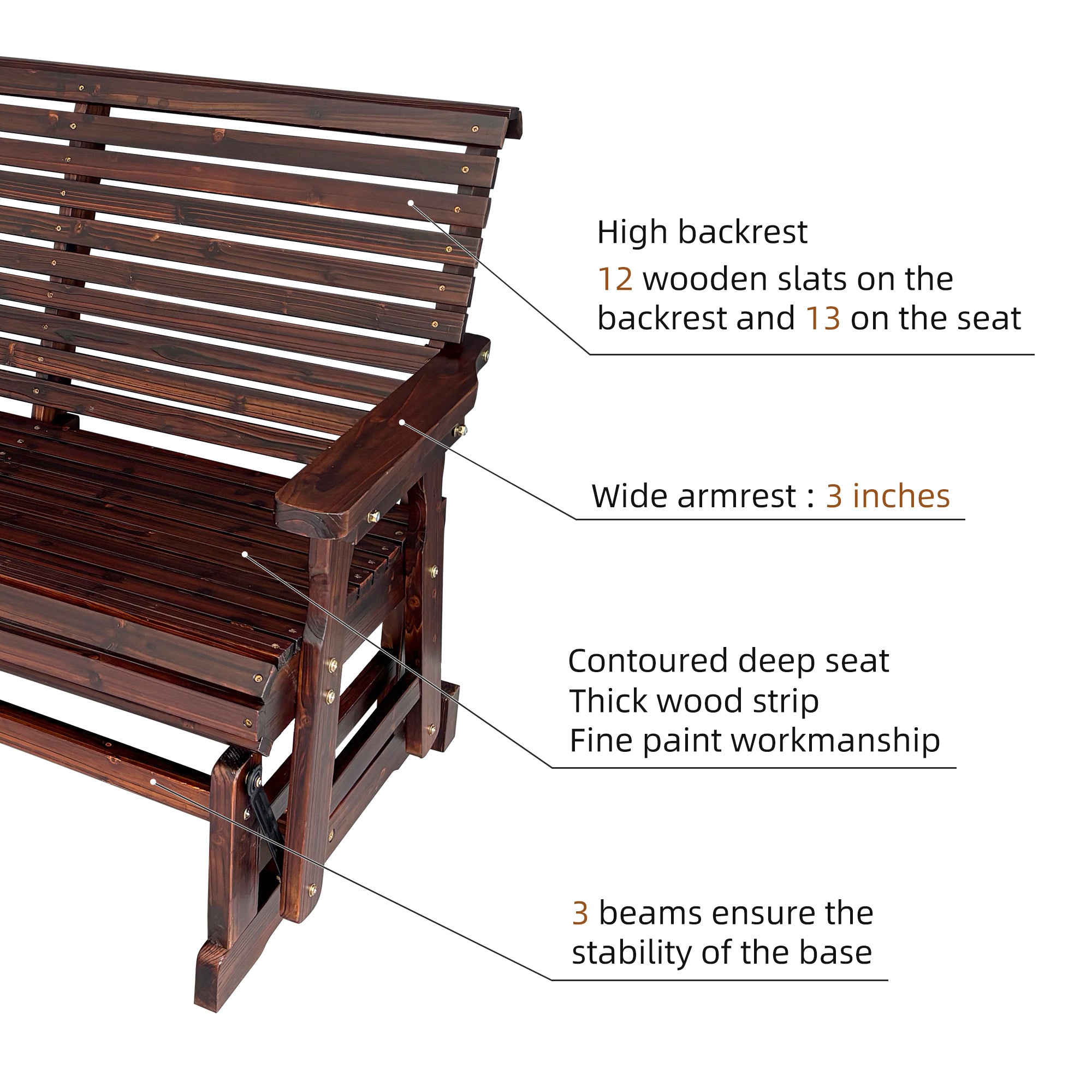 Wooden Patio Glider with High Roll Back and Deep Contoured Seat, Solid Fir Wood, 2-Seater, Heavy Duty 800 LBS, 4 Feet (Deep Brown)
