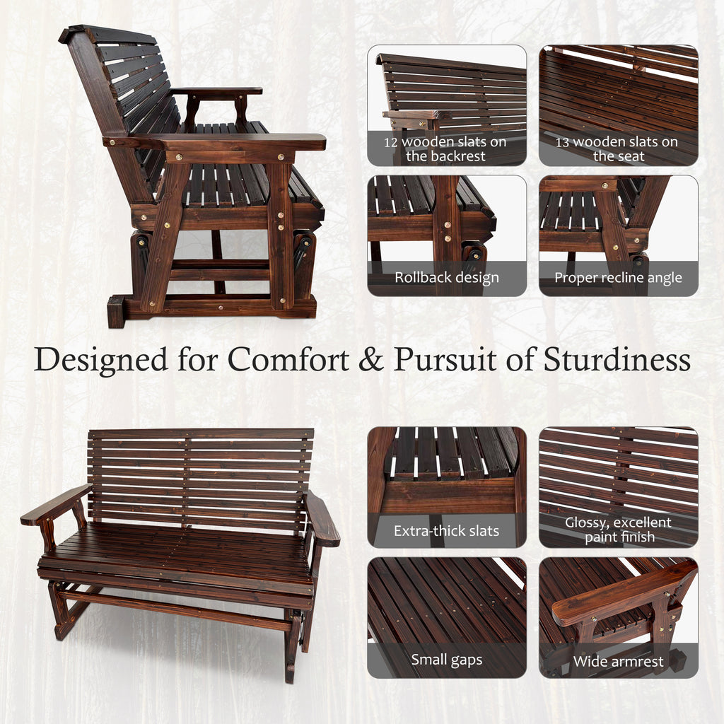 Wooden Patio Glider with High Roll Back and Deep Contoured Seat, Solid Fir Wood, 2-Seater, Heavy Duty 800 LBS, 4 Feet (Deep Brown)