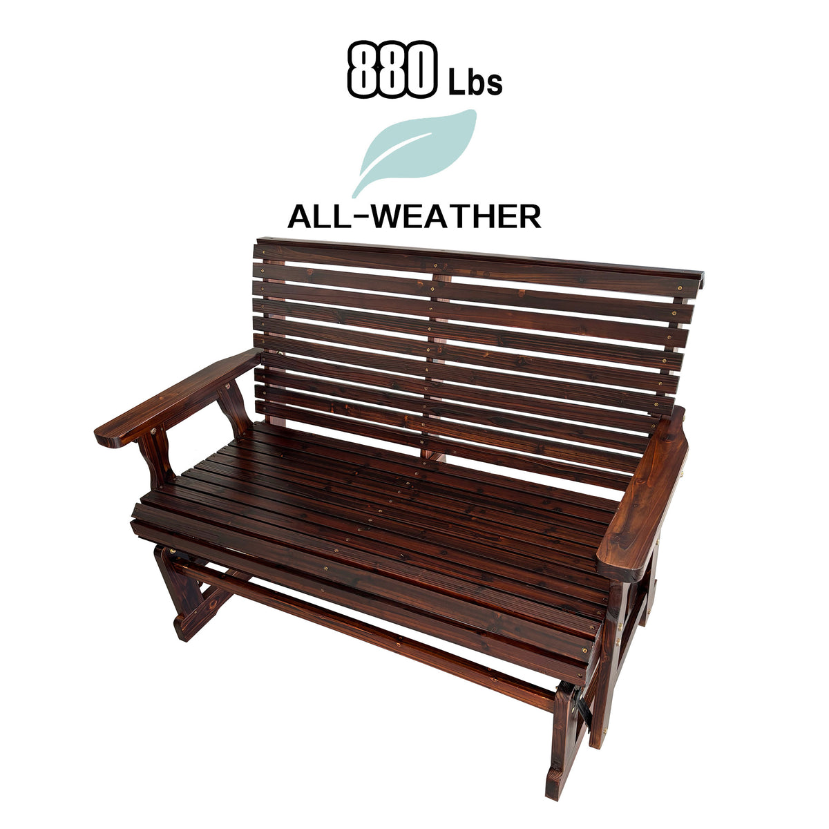 Wooden Patio Glider with High Roll Back and Deep Contoured Seat, Solid Fir Wood, 2-Seater, Heavy Duty 880 LBS, 4 Feet (Deep Brown)