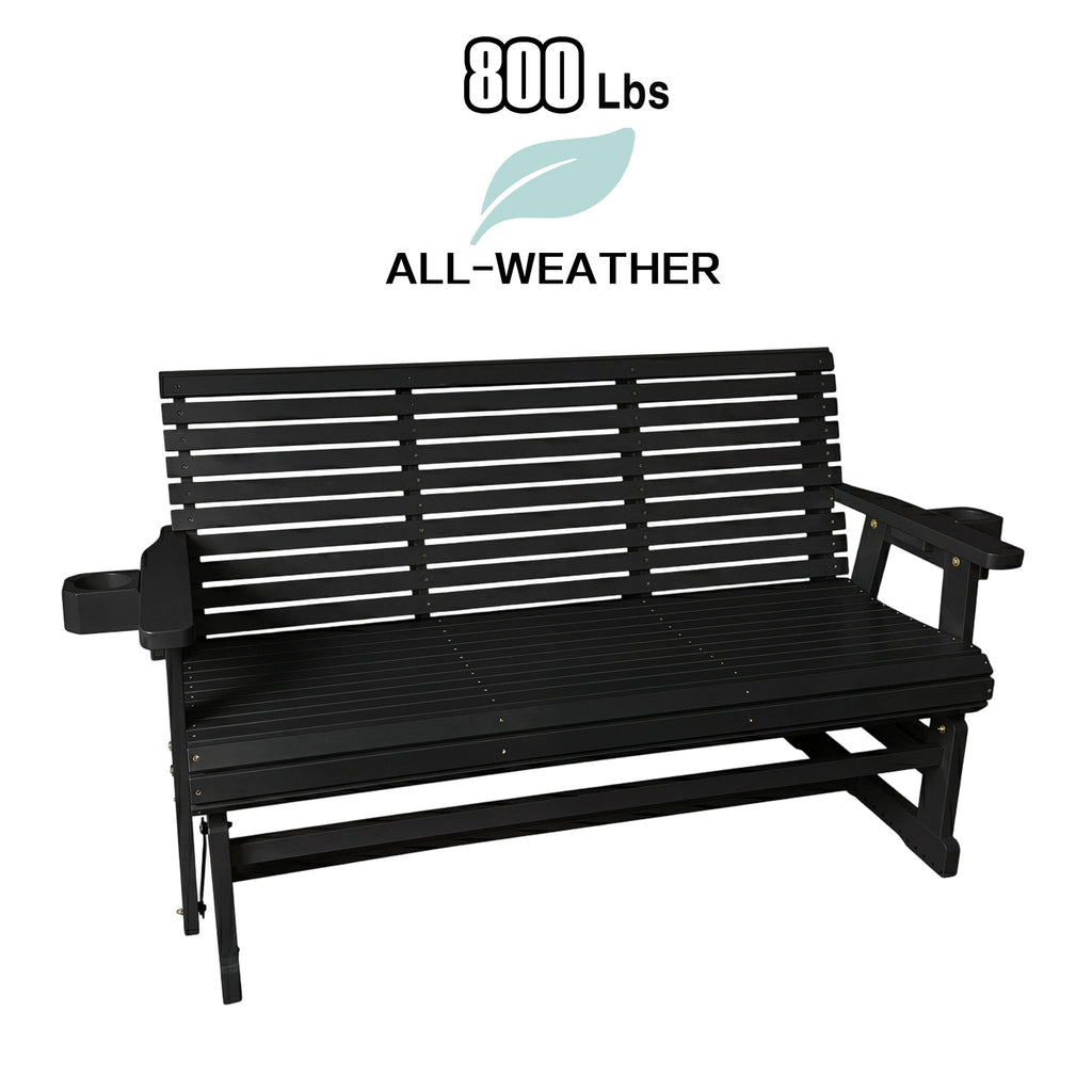 Patio Glider with Cup Holders, High Roll Back and Deep Contoured Seat, Heavy Duty 800 Lb (Black, 3-Seater)