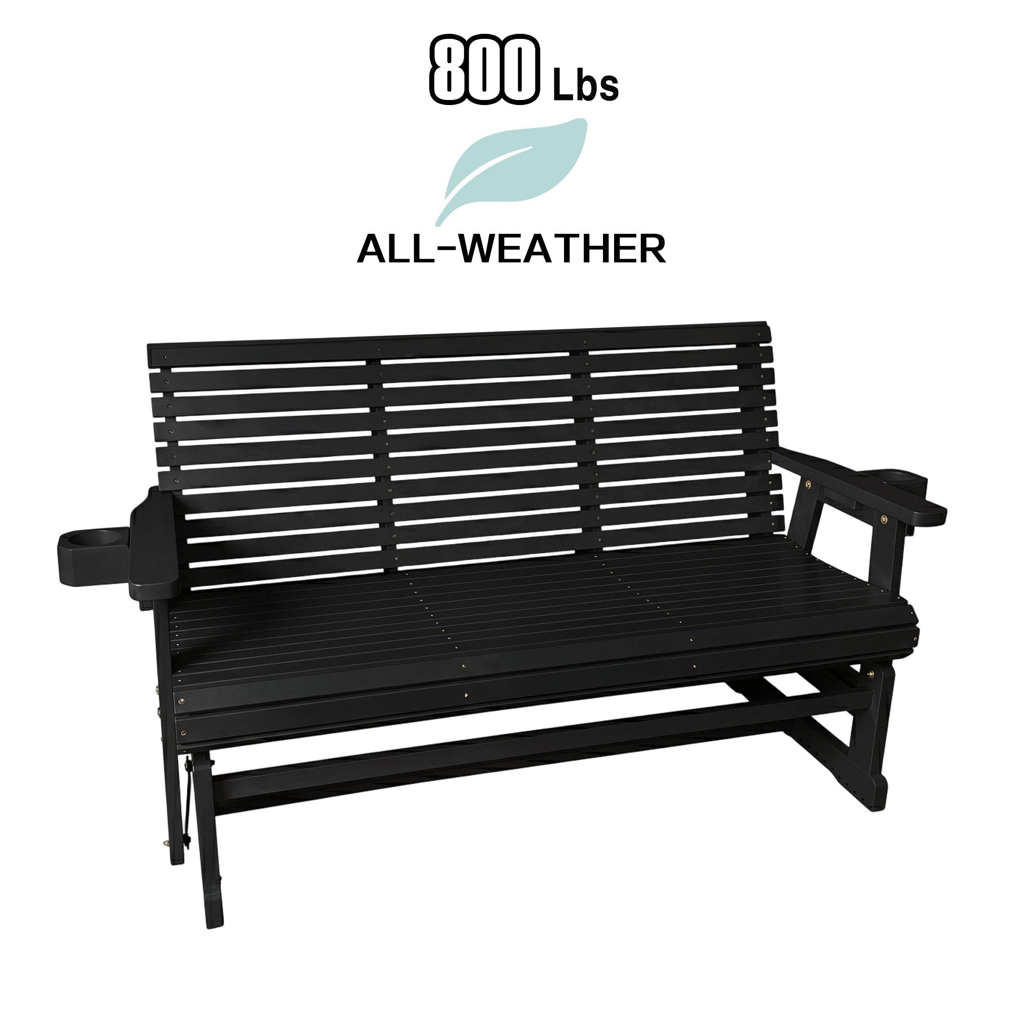 Patio Glider with Cup Holders, High Roll Back and Deep Contoured Seat, Heavy Duty 800 Lb (Black, 3-Seater)
