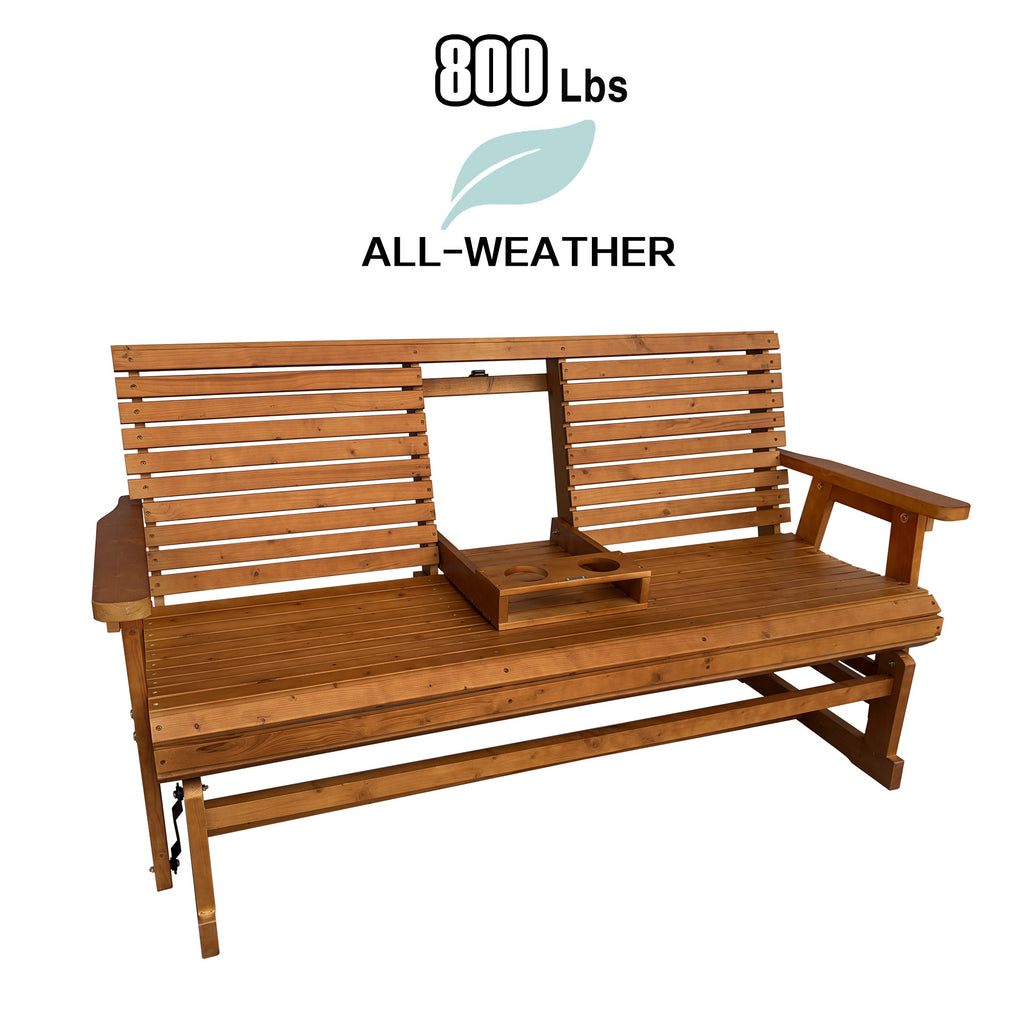 Patio Glider with Foldable Cup Holders, High Roll Back and Deep Contoured Seat, Heavy Duty 800 Lb (Brown, 2-Seater)
