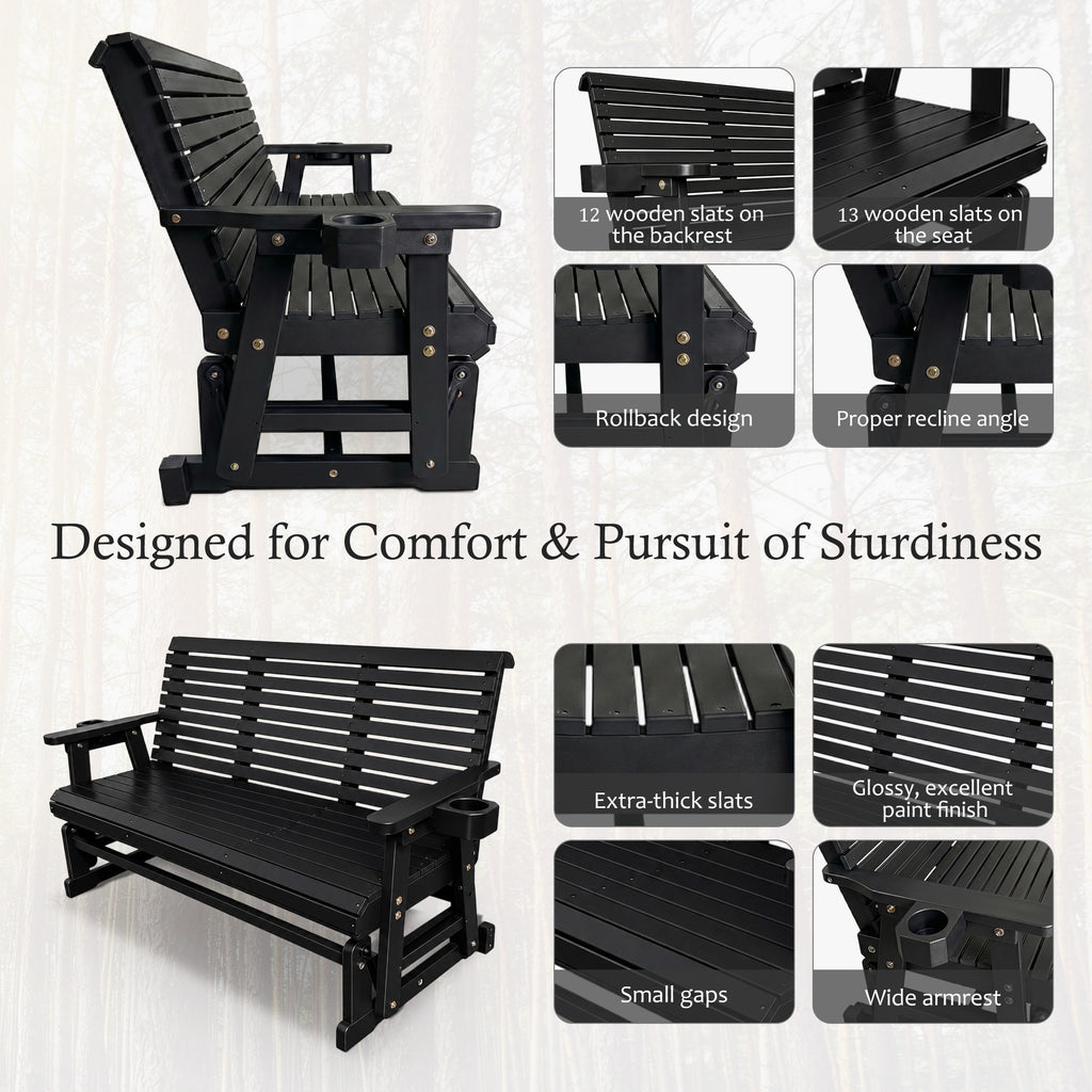 Patio Glider with Cup Holders, High Roll Back and Deep Contoured Seat, Heavy Duty 800 Lb (Black, 3-Seater)