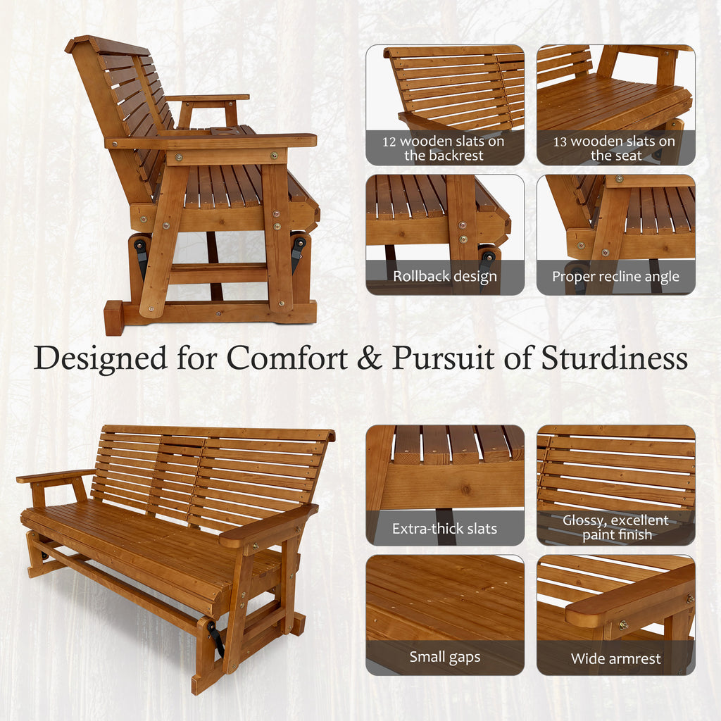 Patio Glider with Foldable Cup Holders, High Roll Back and Deep Contoured Seat, Heavy Duty 800 Lb (Brown, 2-Seater)