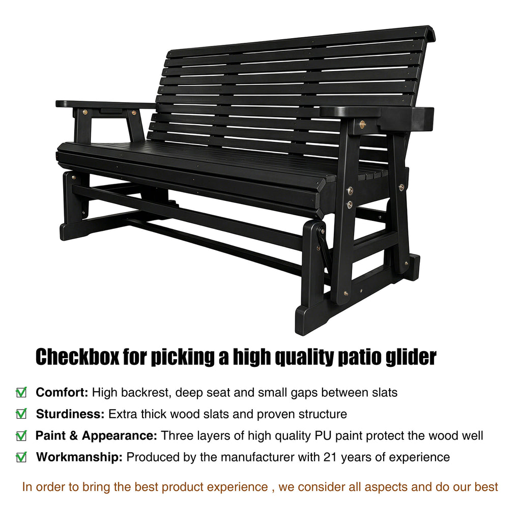 Patio Glider with Cup Holders, High Roll Back and Deep Contoured Seat, Heavy Duty 800 Lb (Black, 3-Seater)