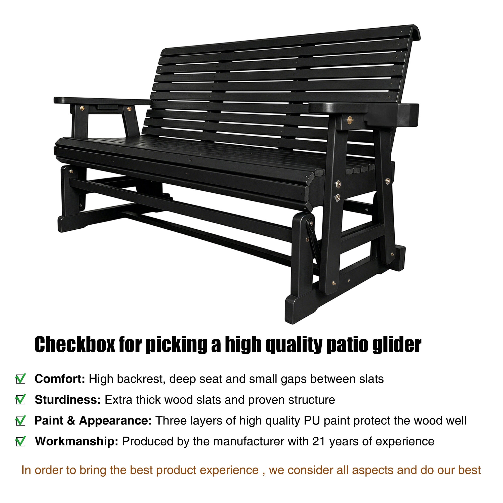 Patio Glider with Cup Holders, High Roll Back and Deep Contoured Seat, Heavy Duty 800 Lb (Black, 3-Seater)