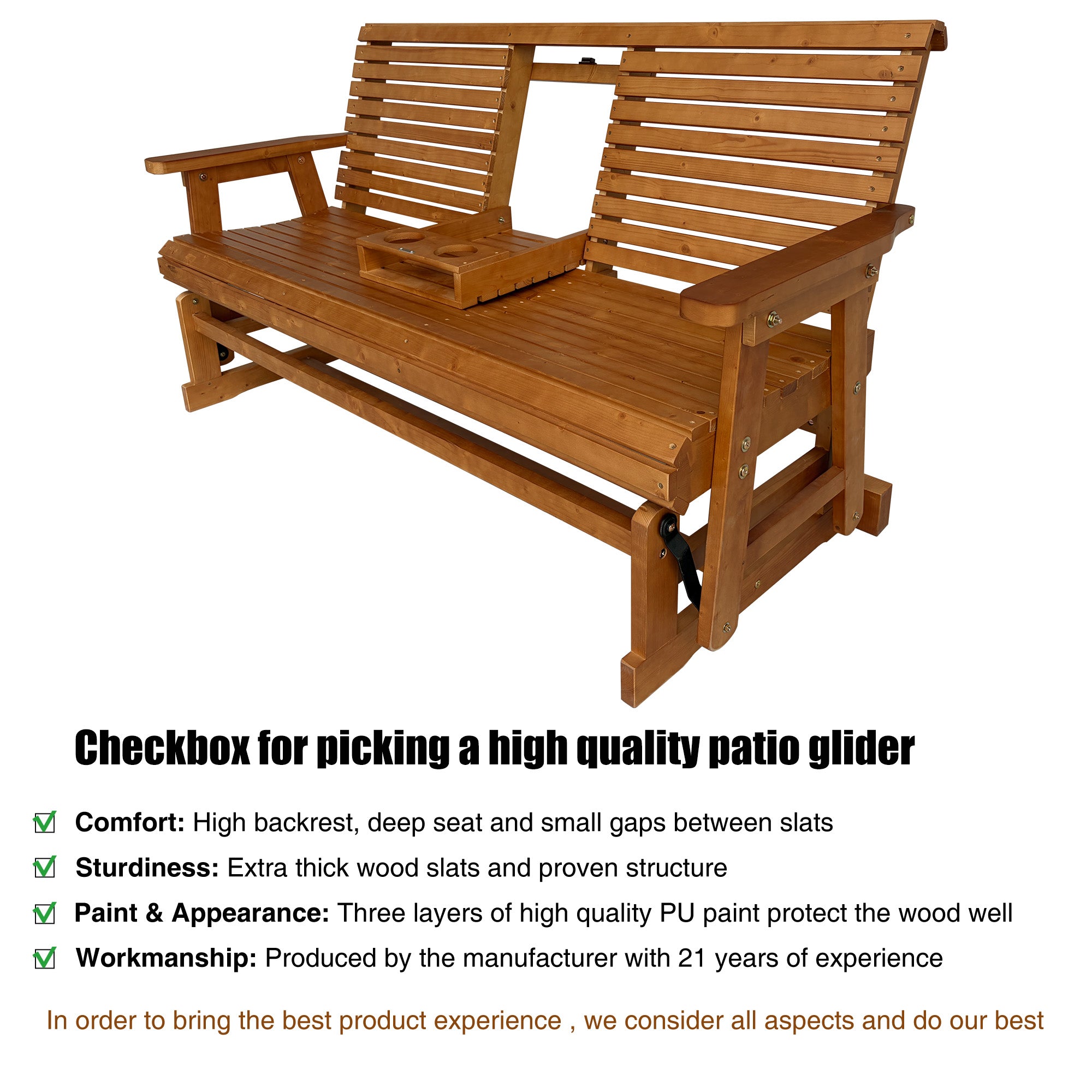 Patio Glider with Foldable Cup Holders, High Roll Back and Deep Contoured Seat, Heavy Duty 880 Lb (Brown, 2-Seater)