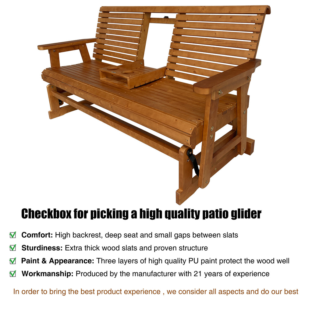 Patio Glider with Foldable Cup Holders, High Roll Back and Deep Contoured Seat, Heavy Duty 800 Lb (Brown, 2-Seater)