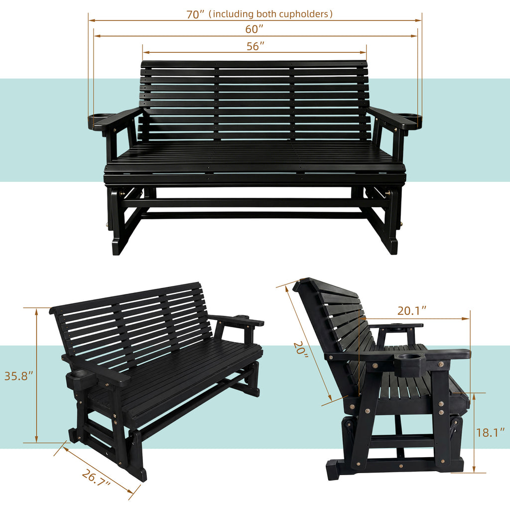 Patio Glider with Cup Holders, High Roll Back and Deep Contoured Seat, Heavy Duty 800 Lb (Black, 3-Seater)
