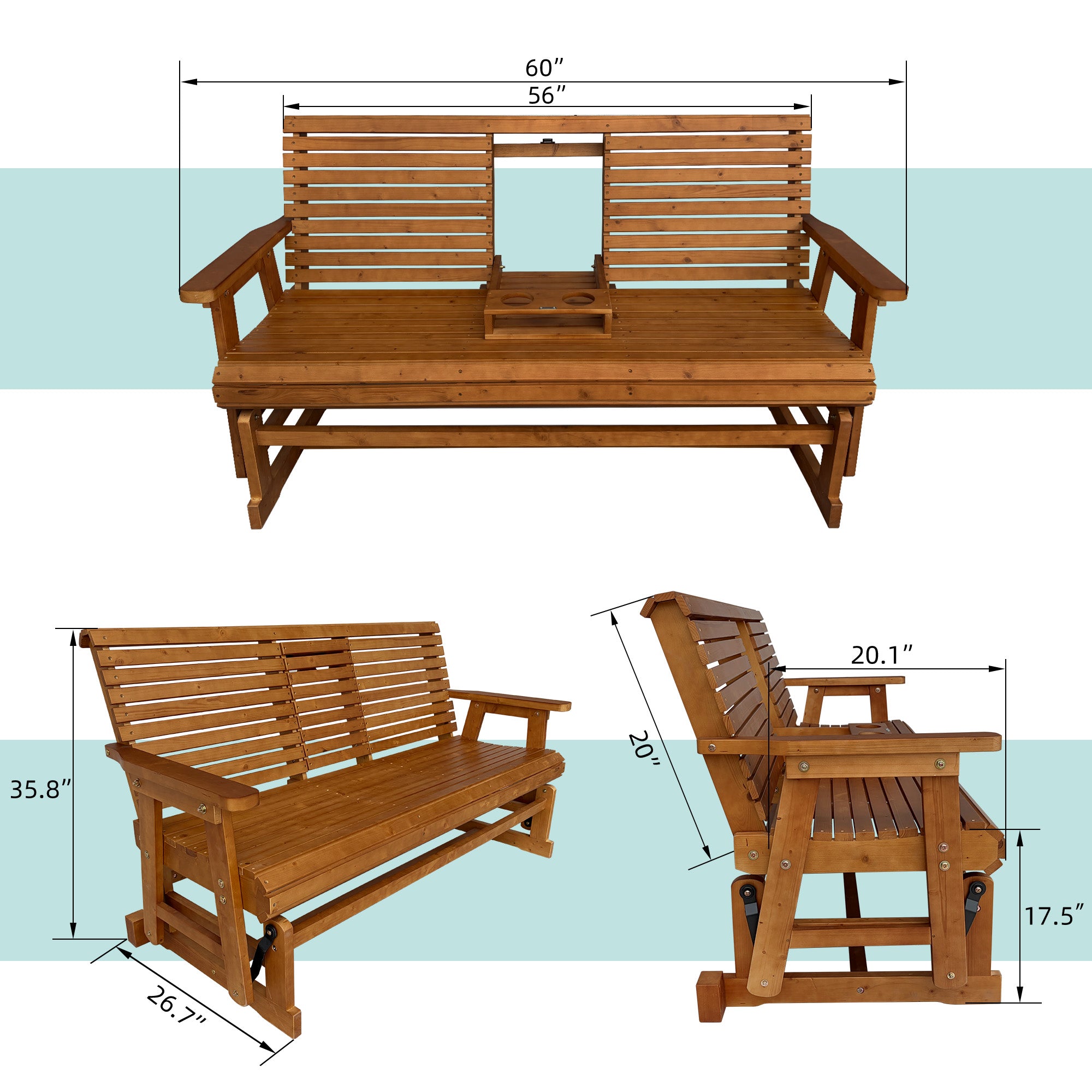 Patio Glider with Foldable Cup Holders, High Roll Back and Deep Contoured Seat, Heavy Duty 800 Lb (Brown, 2-Seater)