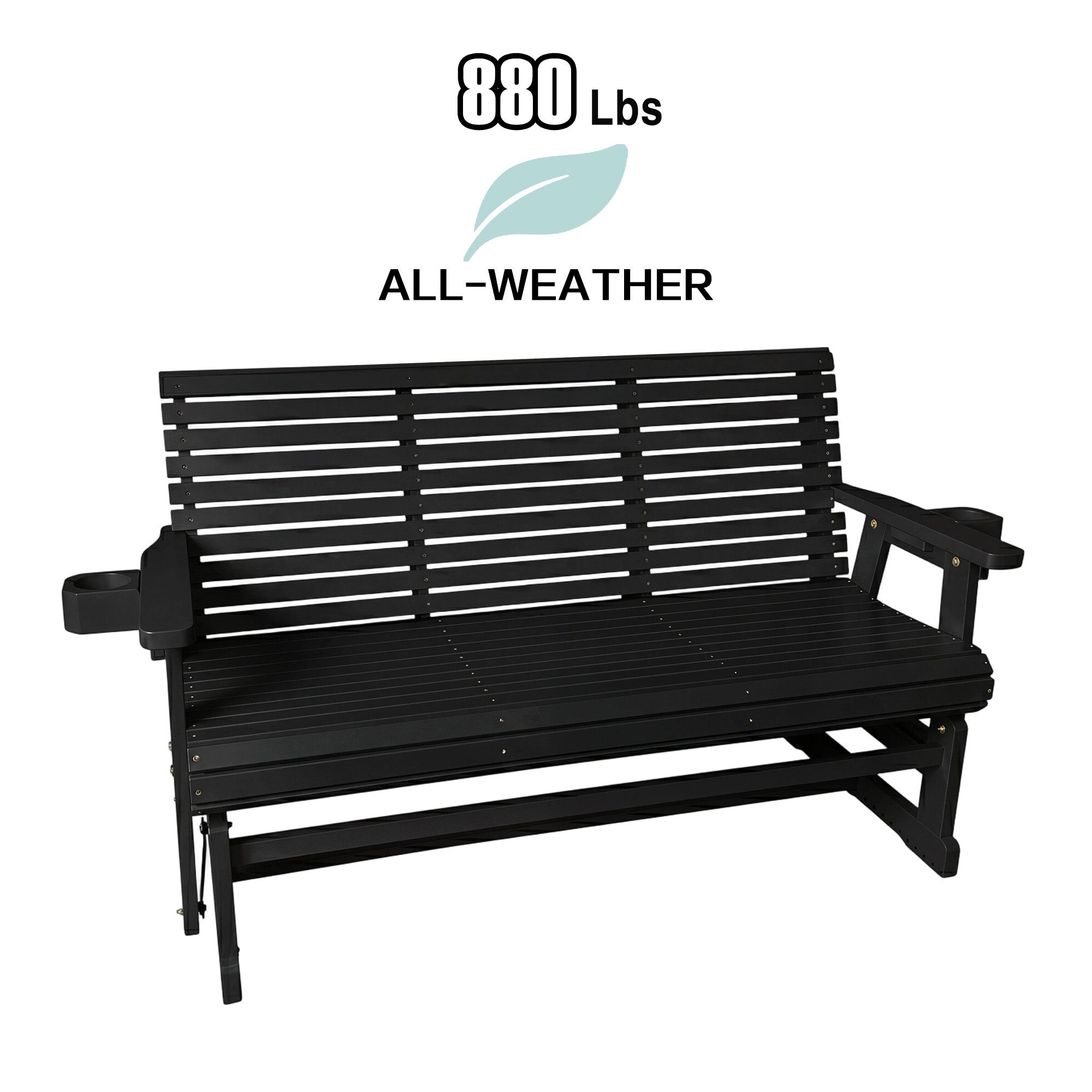 Patio Glider with Cup Holders, High Roll Back and Deep Contoured Seat, Heavy Duty 880 Lb (Black, 3-Seater)