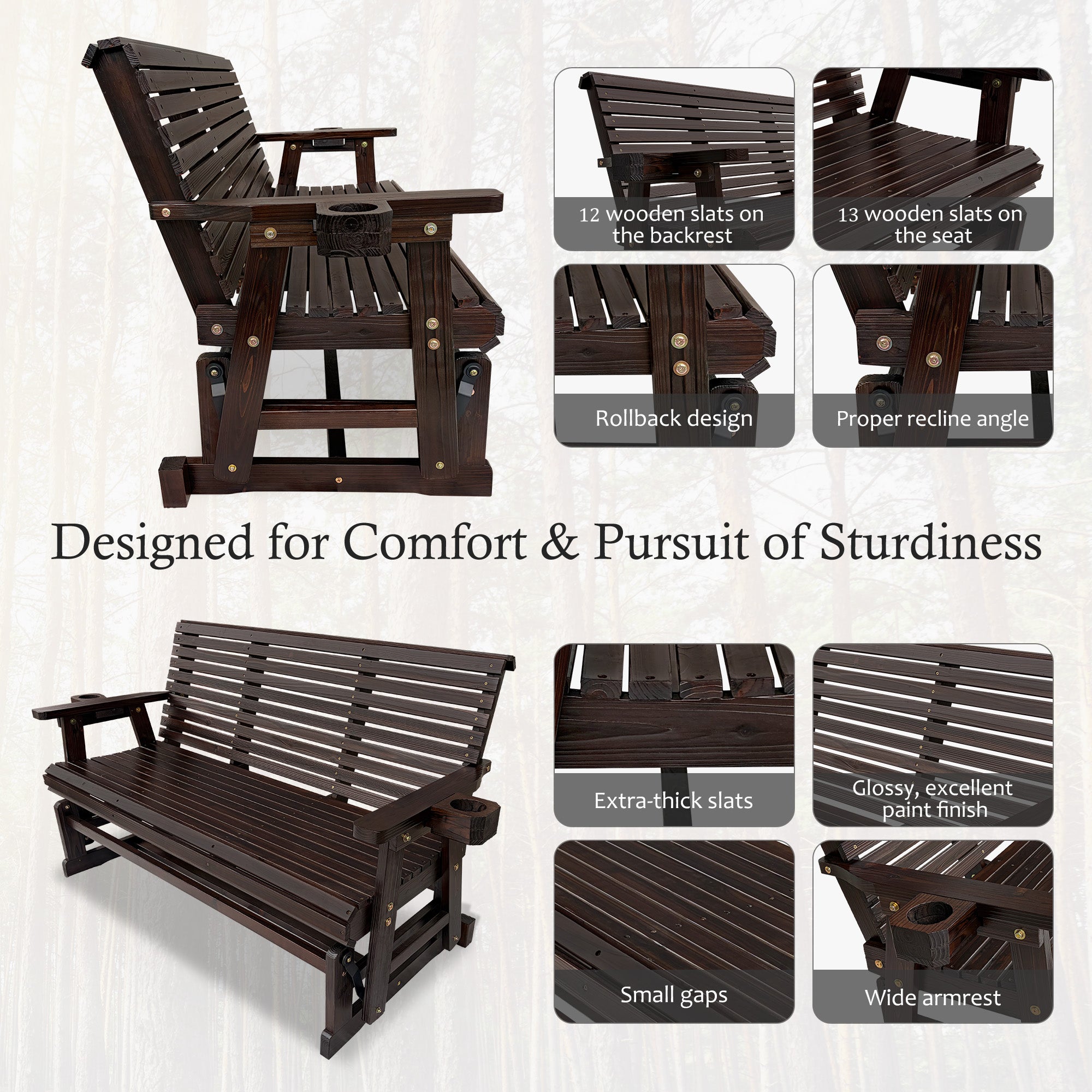 Patio Glider with Cup Holders, High Roll Back and Deep Contoured Seat, Heavy Duty 880 Lb (Rustic, 3-Seater)
