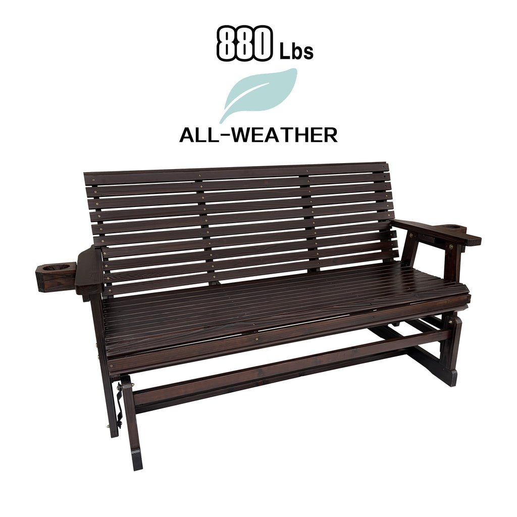 Patio Glider with Cup Holders, High Roll Back and Deep Contoured Seat, Heavy Duty 880 Lb (Rustic, 3-Seater)