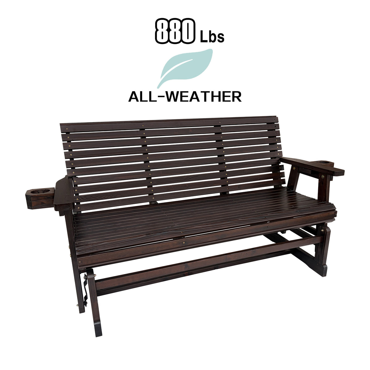Patio Glider with Cup Holders, High Roll Back and Deep Contoured Seat, Heavy Duty 880 Lb (Rustic, 3-Seater)