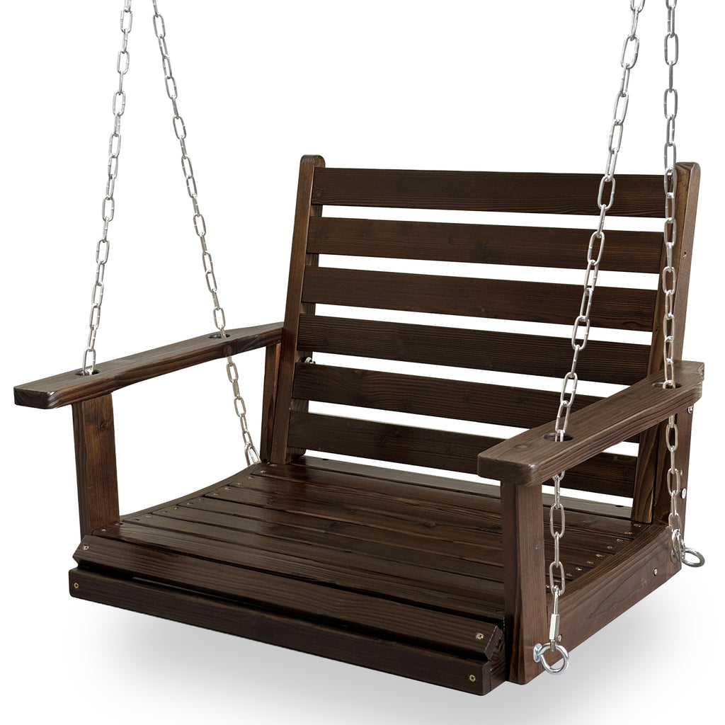 Wooden Porch Swing, Ergonomic Seat, Bench Swing with Hanging Chains and 7mm Springs, Heavy Duty 880 LBS, for Outdoor Patio Garden Yard (Deep Brown, 1-Seater)