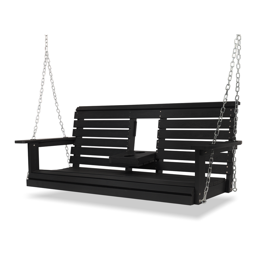 Poly Lumber 3-Seat Porch Swing, HIPS 5-Feet Bench Swing with Foldable Cup Holders,18/8 Stainless Steel Hardware, High Backrest and Deep Contoured Seat, Carbon Black