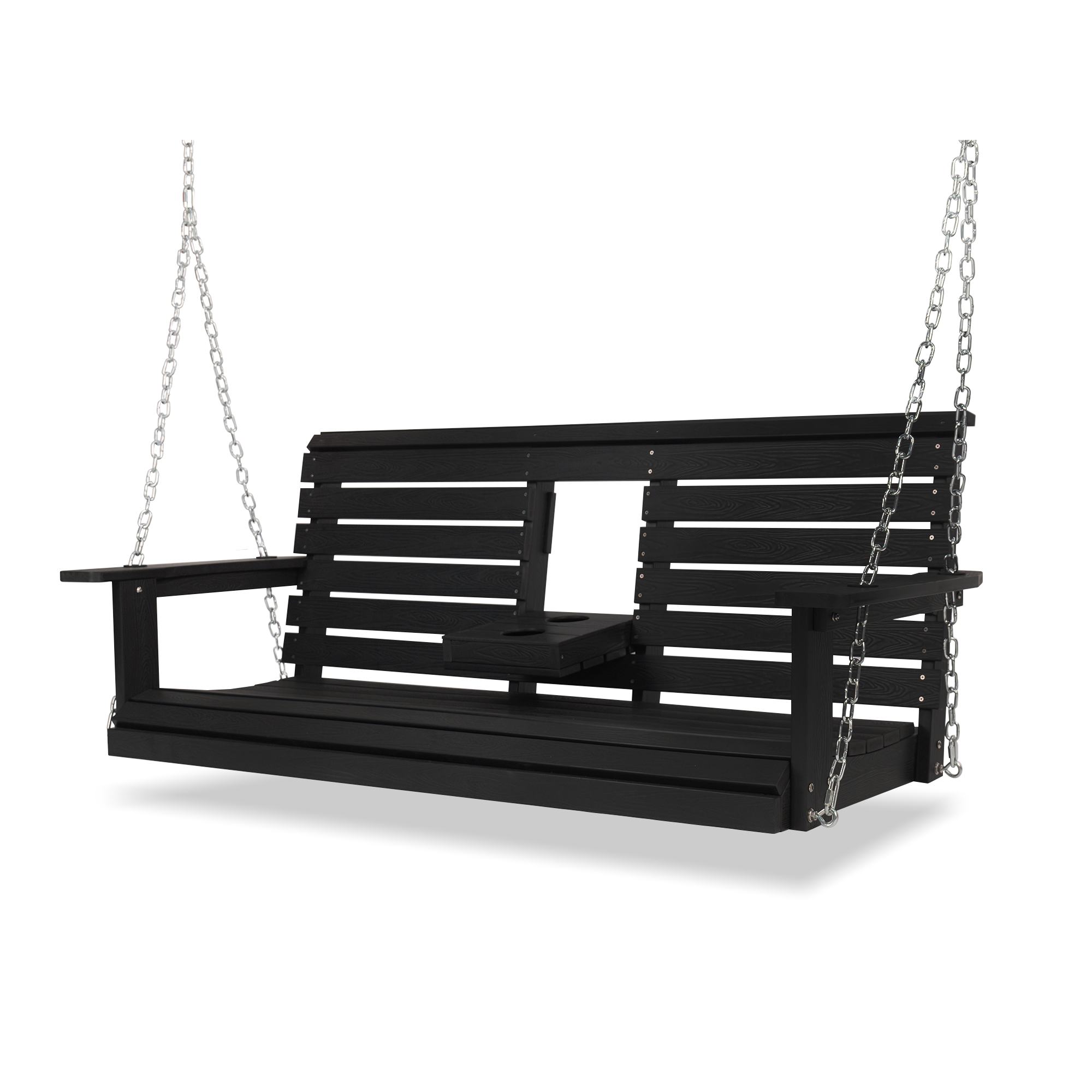 Poly Lumber 3-Seat Porch Swing, HIPS 5-Feet Bench Swing with Foldable Cup Holders,18/8 Stainless Steel Hardware, High Backrest and Deep Contoured Seat, Carbon Black