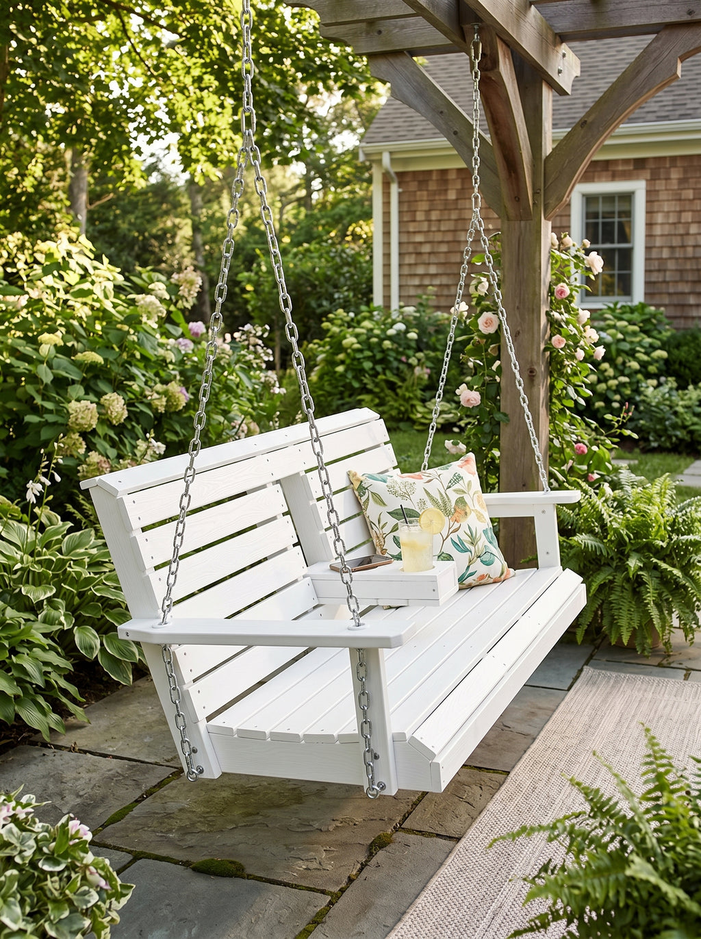 Poly Lumber 2-Seat Porch Swing, HIPS 4.5-Feet Bench Swing with Foldable Cup Holders,18/8 Stainless Steel Hardware, High Backrest and Deep Contoured Seat (Snow White, 4.5-feet)