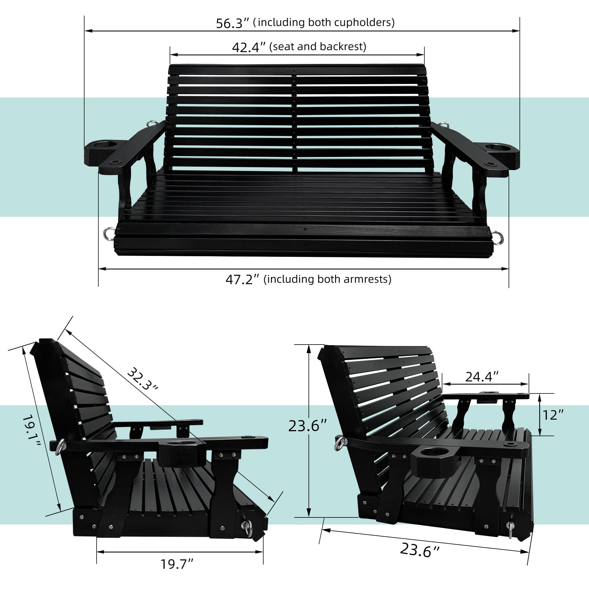 Porch Swing  4 FT Extra Large, Black