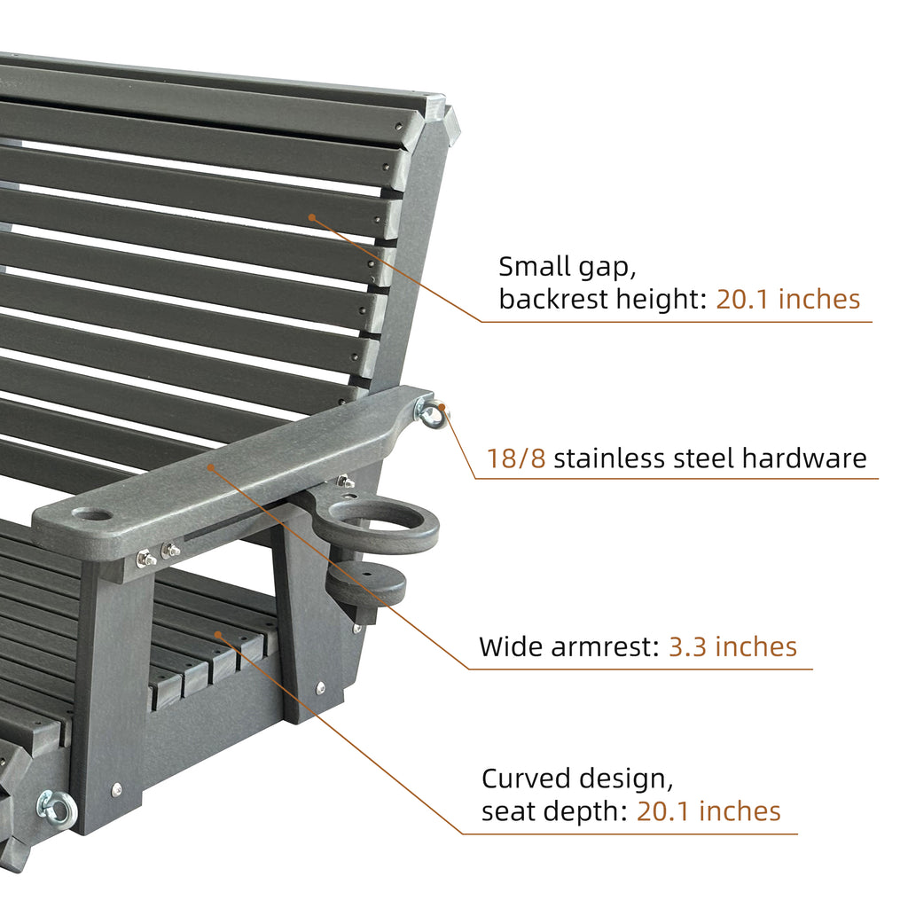 HDPE Porch Swing with 18/8 Stainless Steel Bolts, Ergonomic Design, Ultra Weather-Resistant, Heavy Duty 1200 LBS, for Outdoor Patio Garden Yard (Gray)