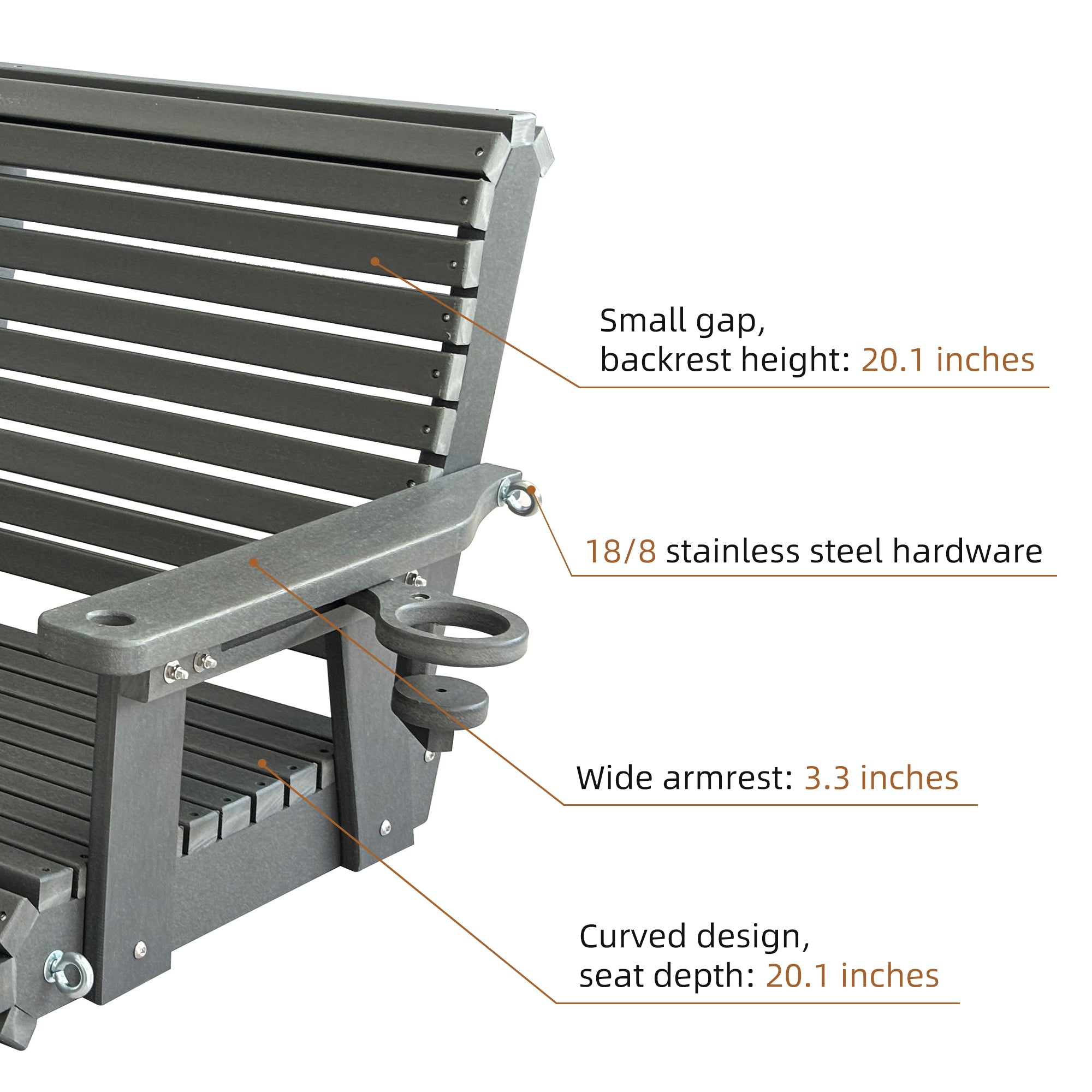HDPE Porch Swing with 18/8 Stainless Steel Bolts, Ergonomic Design, Ultra Weather-Resistant, Heavy Duty 1200 LBS, for Outdoor Patio Garden Yard (Gray)
