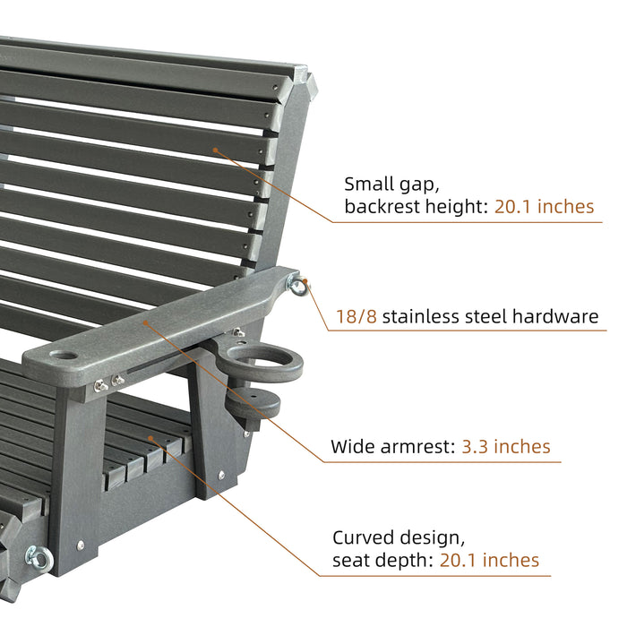 HDPE Porch Swing with 18/8 Stainless Steel Bolts, Ergonomic Design, Ultra Weather-Resistant, Heavy Duty 1200 LBS, for Outdoor Patio Garden Yard (Gray)