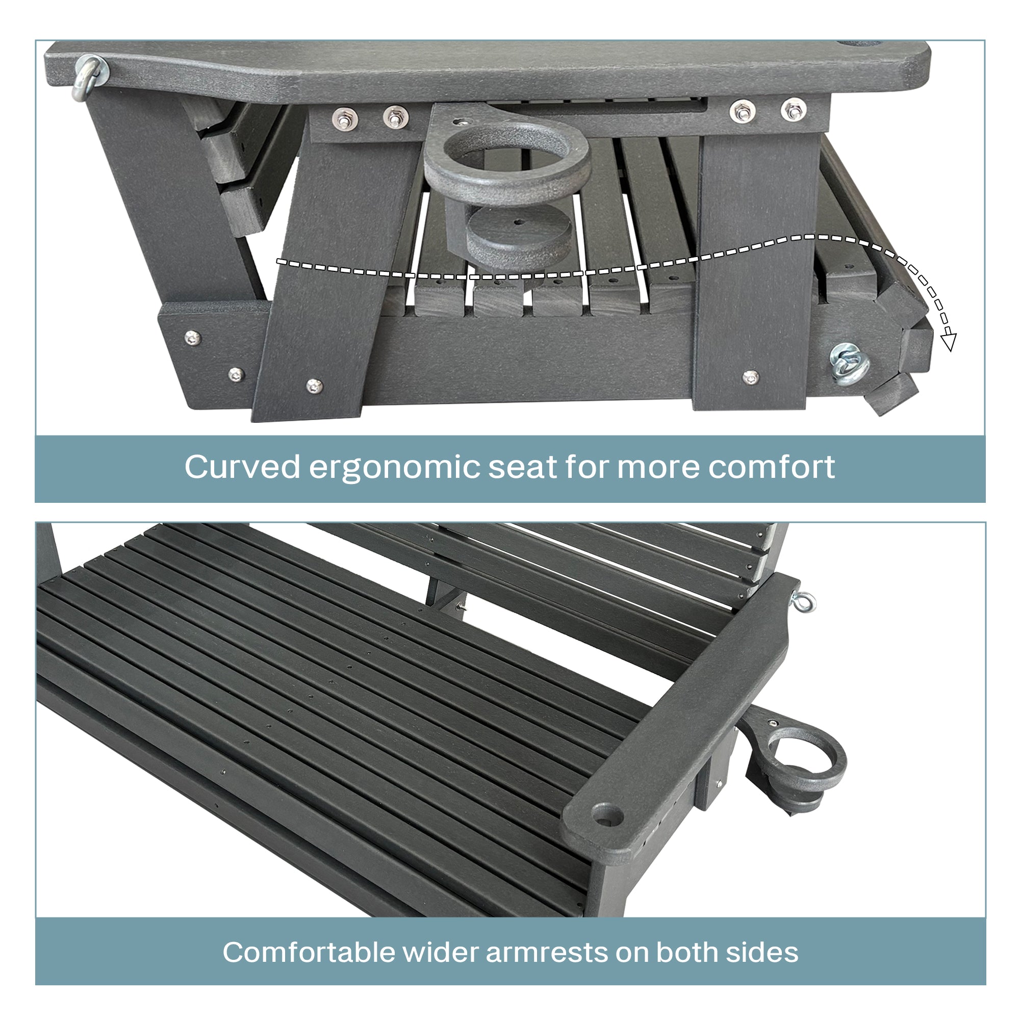 HDPE Porch Swing with 18/8 Stainless Steel Bolts, Ergonomic Design, Ultra Weather-Resistant, Heavy Duty 1200 LBS, for Outdoor Patio Garden Yard (Gray)