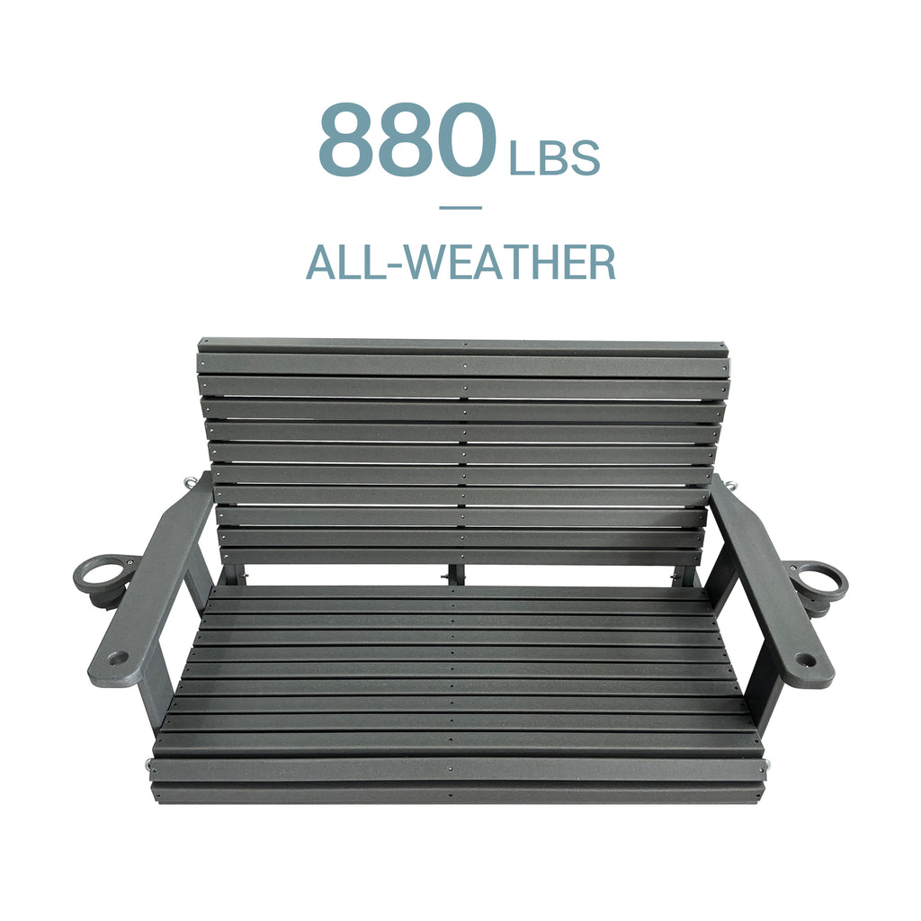 HDPE Porch Swing with 18/8 Stainless Steel Bolts, Ergonomic Design, Ultra Weather-Resistant, Heavy Duty 1200 LBS, for Outdoor Patio Garden Yard (Gray)