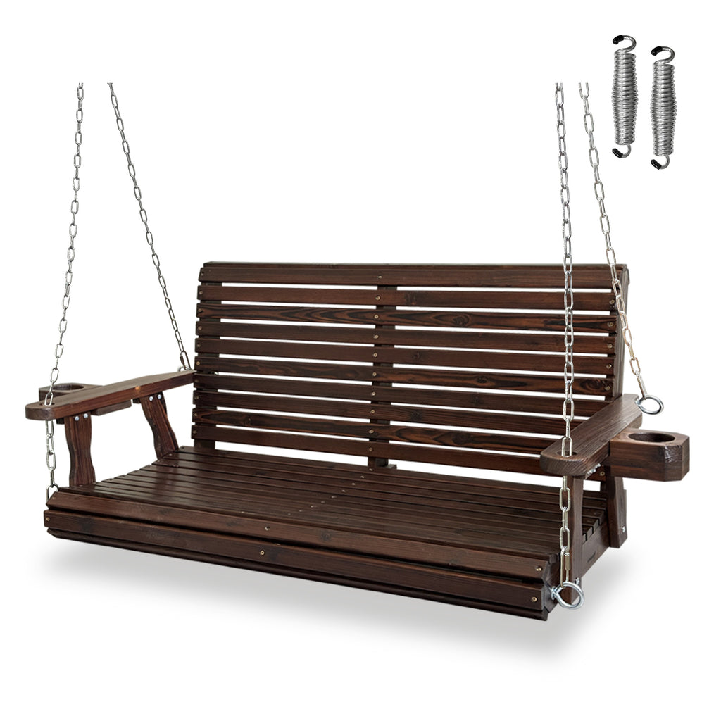 Wooden Porch Swing 2-Seater, High Backrest and Deep Seat, Bench Swing with Cupholders, Hanging Chains and 7mm Springs, Heavy Duty 880 LBS, for Outdoor Patio Garden (Deep Brown, 4.5 feet Extra-Large)