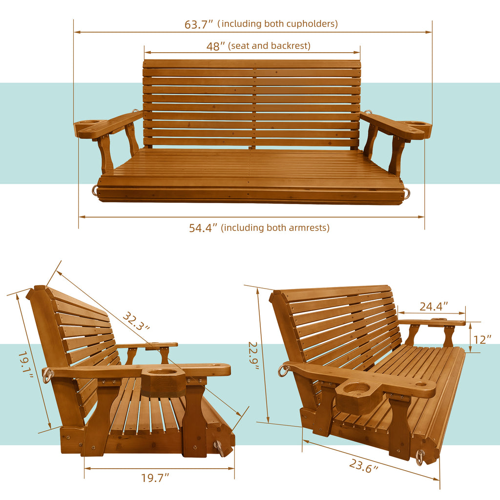 Wooden Porch Swing 2-Seater, High Backrest and Deep Seat, Bench Swing with Cupholders, Hanging Chains and 7mm Springs, Heavy Duty 880 LBS, for Outdoor Patio Garden (Warm Teak Color, 4.5 feet Extra-Large)