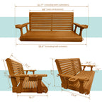 Wooden Porch Swing 2-Seater, High Backrest and Deep Seat, Bench Swing with Cupholders, Hanging Chains and 7mm Springs, Heavy Duty 880 LBS, for Outdoor Patio Garden (Warm Teak Color, 4.5 feet Extra-Large)