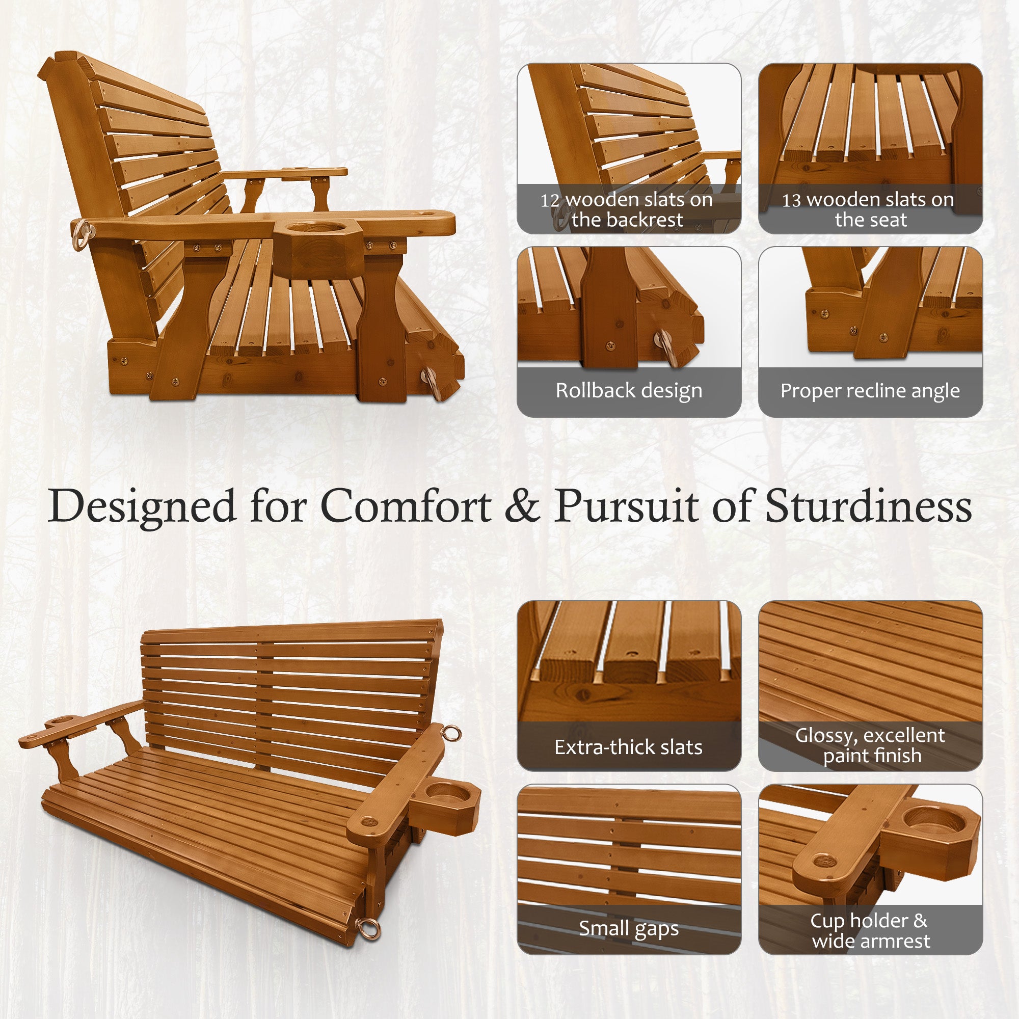 Wooden Porch Swing 2-Seater, High Backrest and Deep Seat, Bench Swing with Cupholders, Hanging Chains and 7mm Springs, Heavy Duty 880 LBS, for Outdoor Patio Garden (Warm Teak Color, 4.5 feet Extra-Large)