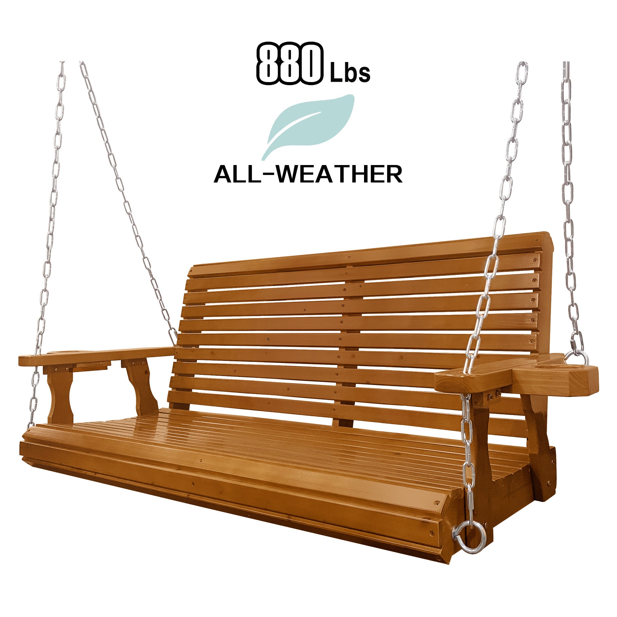 Wooden Porch Swing 2-Seater, High Backrest and Deep Seat, Bench Swing with Cupholders, Hanging Chains and 7mm Springs, Heavy Duty 880 LBS, for Outdoor Patio Garden (Warm Teak Color, 4.5 feet Extra-Large)