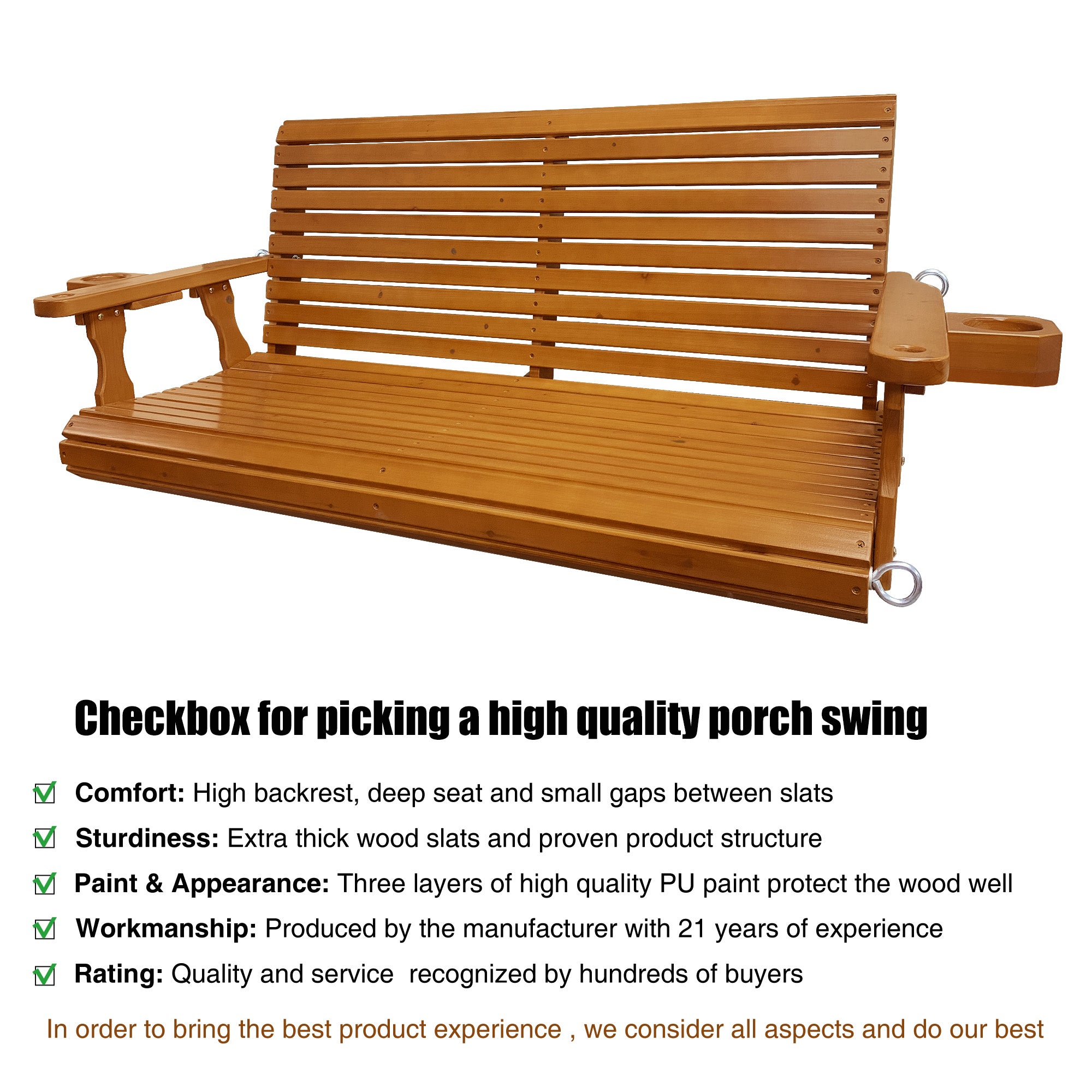Wooden Porch Swing 2-Seater, High Backrest and Deep Seat, Bench Swing with Cupholders, Hanging Chains and 7mm Springs, Heavy Duty 880 LBS, for Outdoor Patio Garden (Warm Teak Color, 4.5 feet Extra-Large)