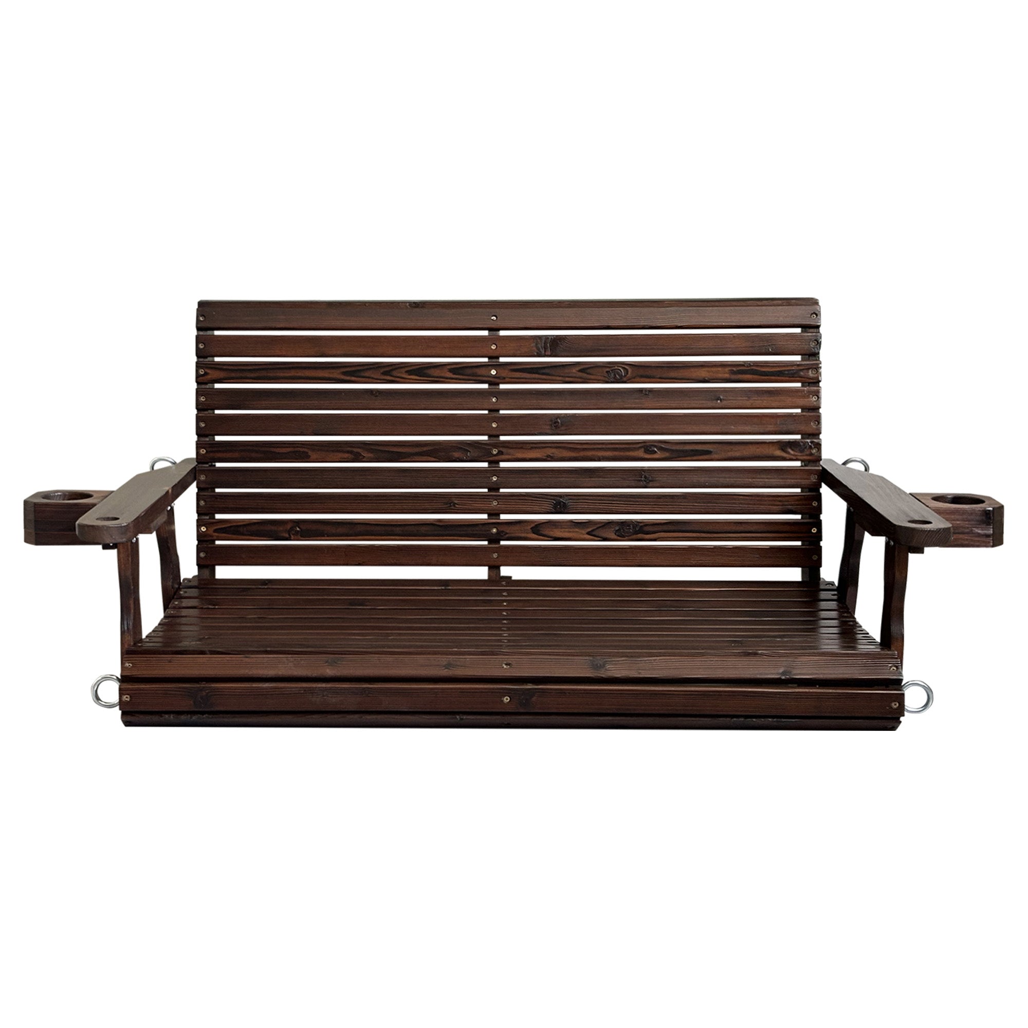 Wooden Porch Swing 2-Seater, High Backrest and Deep Seat, Bench Swing with Cupholders, Hanging Chains and 7mm Springs, Heavy Duty 880 LBS, for Outdoor Patio Garden (Deep Brown, 4.5 feet Extra-Large)