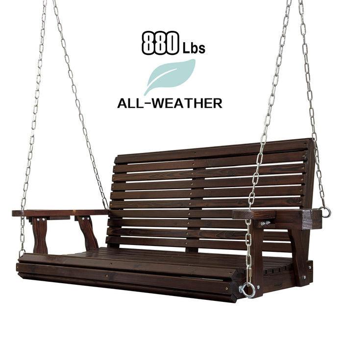 Wooden Porch Swing 2-Seater, High Backrest and Deep Seat, Bench Swing with Cupholders, Hanging Chains and 7mm Springs, Heavy Duty 880 LBS, for Outdoor Patio Garden (Deep Brown, 4.5 feet Extra-Large)