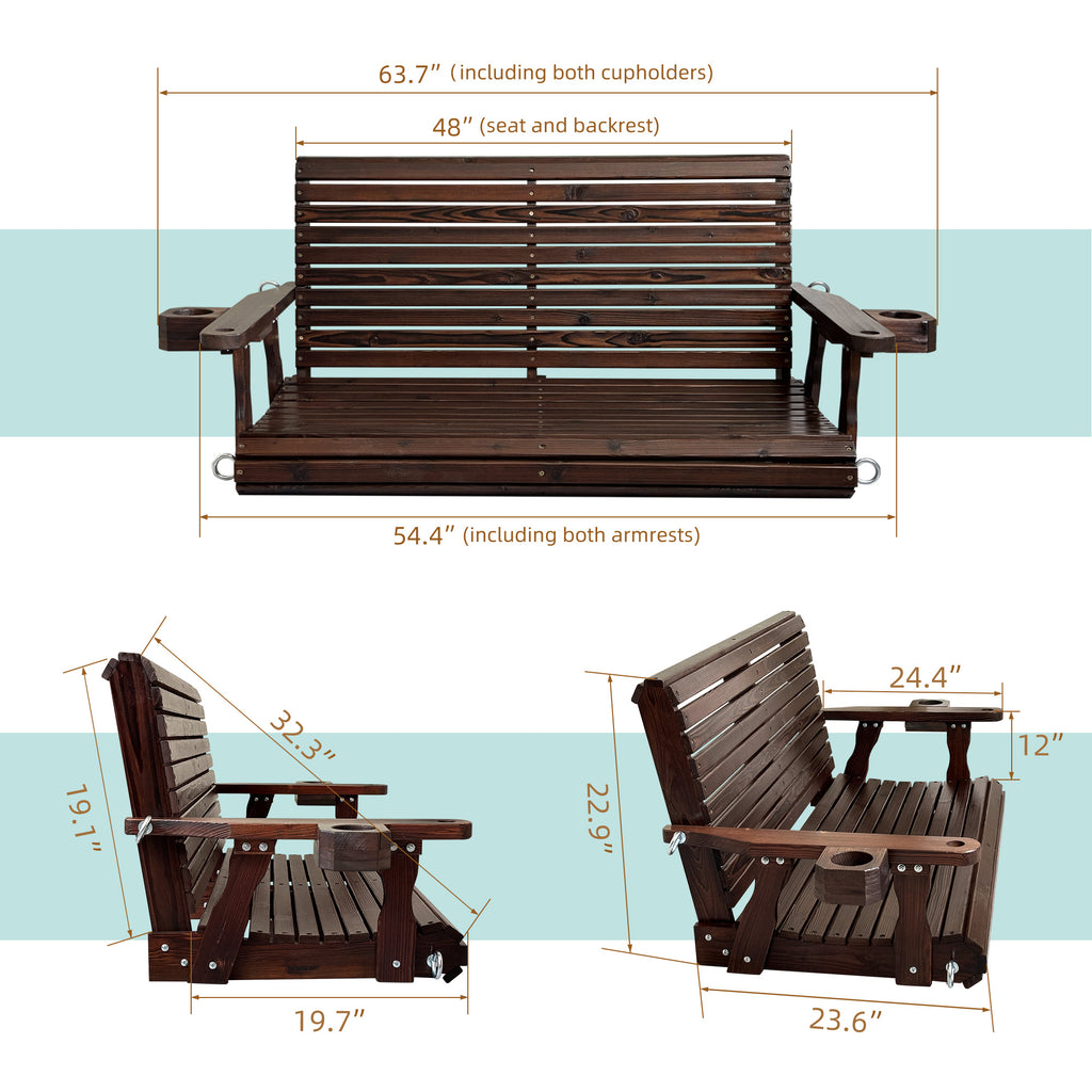 Wooden Porch Swing 2-Seater, High Backrest and Deep Seat, Bench Swing with Cupholders, Hanging Chains and 7mm Springs, Heavy Duty 880 LBS, for Outdoor Patio Garden (Deep Brown, 4.5 feet Extra-Large)