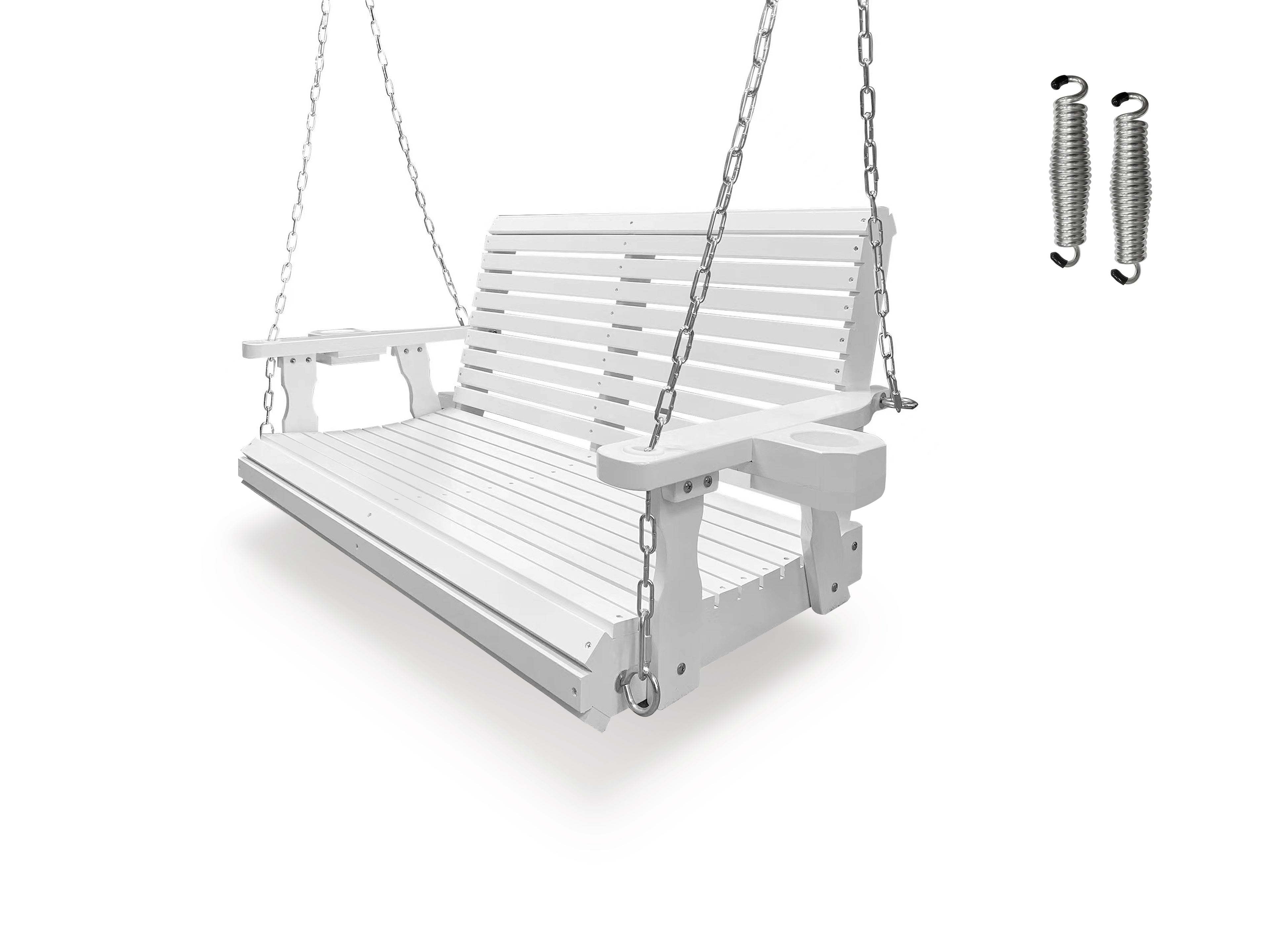 Wooden Porch Swing 2-Seater, Bench Swing with Cupholders, Hanging Chains and 7mm Springs, Heavy Duty 800 LBS, for Outdoor Patio Garden, Pure White, 4 FT Extra Large