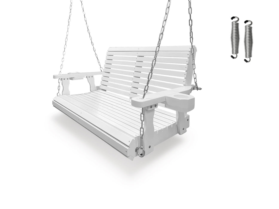 Wooden Porch Swing 2-Seater, Bench Swing with Cupholders, Hanging Chains and 7mm Springs, Heavy Duty 800 LBS, for Outdoor Patio Garden, Pure White, 4 FT Extra Large