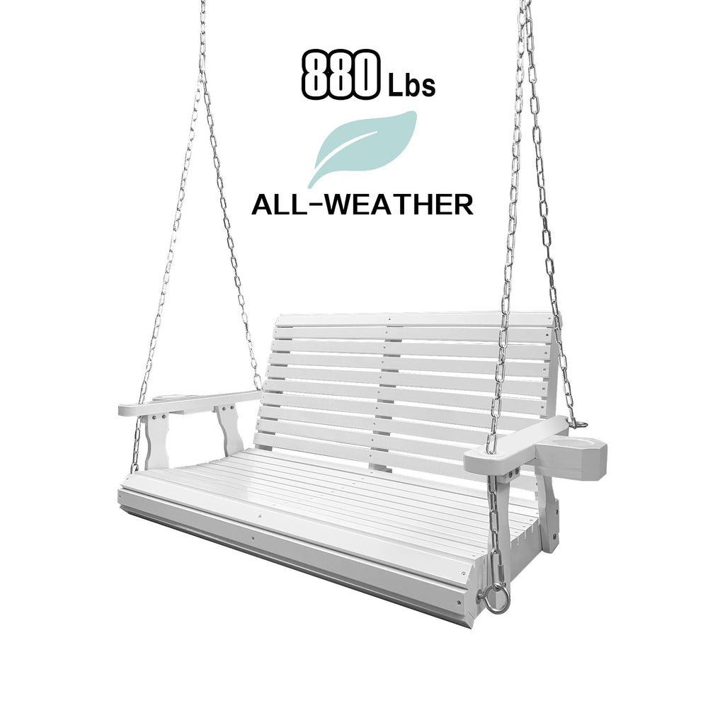 Wooden Porch Swing 2-Seater, Bench Swing with Cupholders, Hanging Chains and 7mm Springs, Heavy Duty 800 LBS, for Outdoor Patio Garden, Pure White, 4 FT Extra Large
