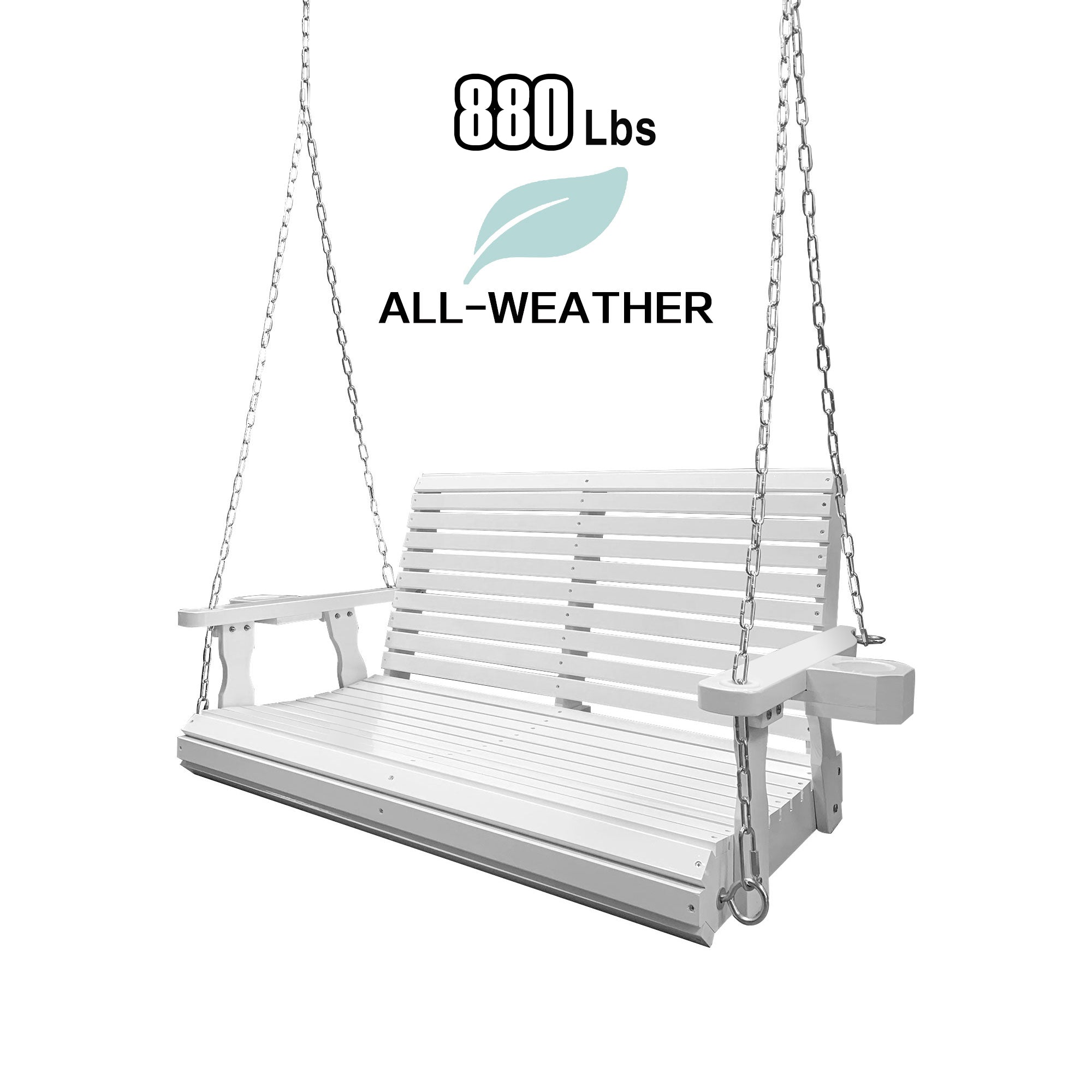 Wooden Porch Swing 2-Seater, Bench Swing with Cupholders, Hanging Chains and 7mm Springs, Heavy Duty 800 LBS, for Outdoor Patio Garden, Pure White, 4 FT Extra Large