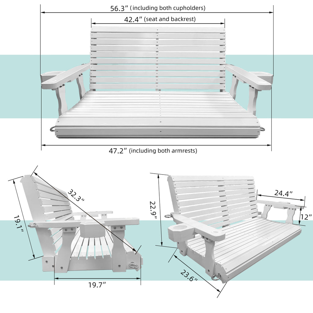 Wooden Porch Swing 2-Seater, Bench Swing with Cupholders, Hanging Chains and 7mm Springs, Heavy Duty 800 LBS, for Outdoor Patio Garden, Pure White, 4 FT Extra Large