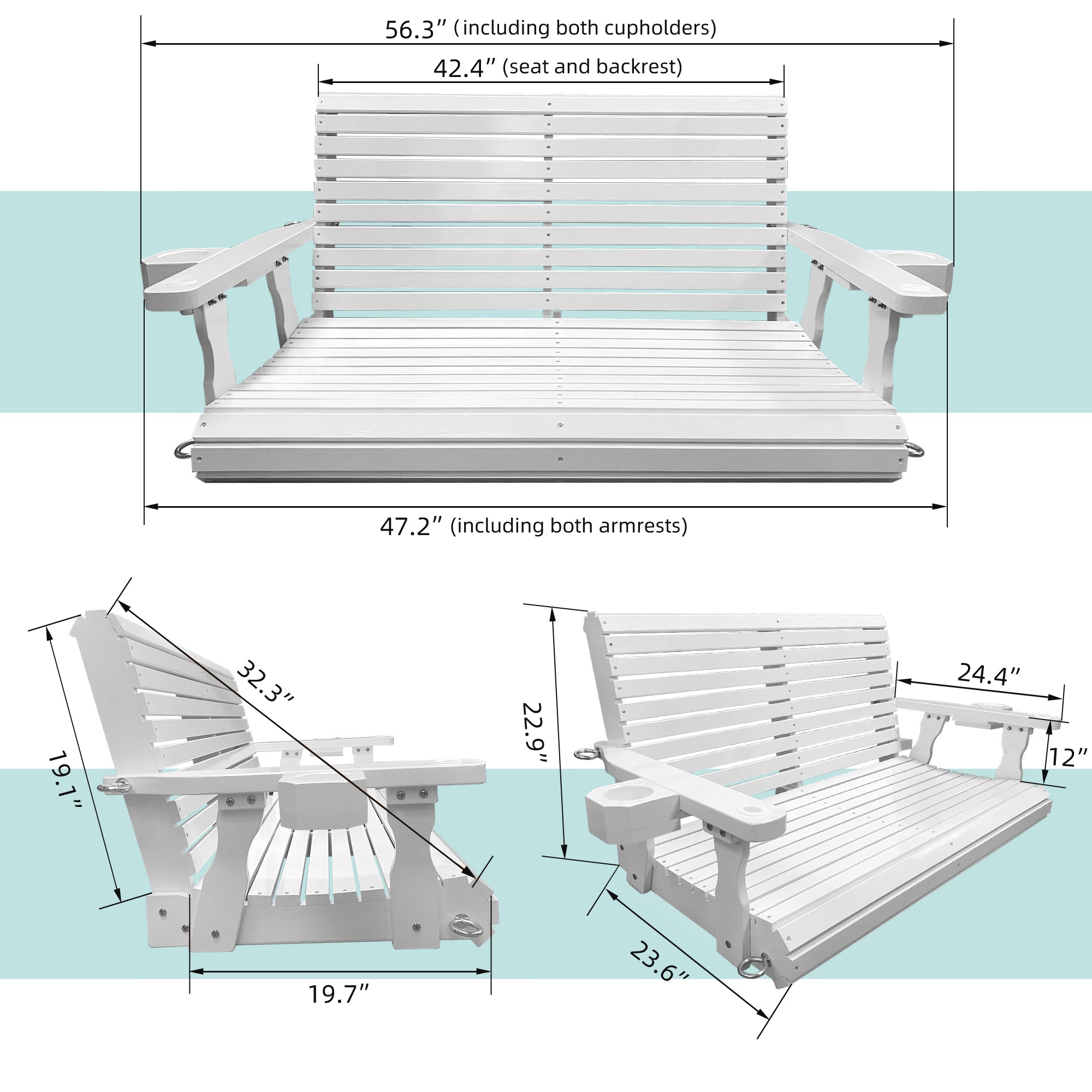 Wooden Porch Swing 2-Seater, Bench Swing with Cupholders, Hanging Chains and 7mm Springs, Heavy Duty 800 LBS, for Outdoor Patio Garden, Pure White, 4 FT Extra Large