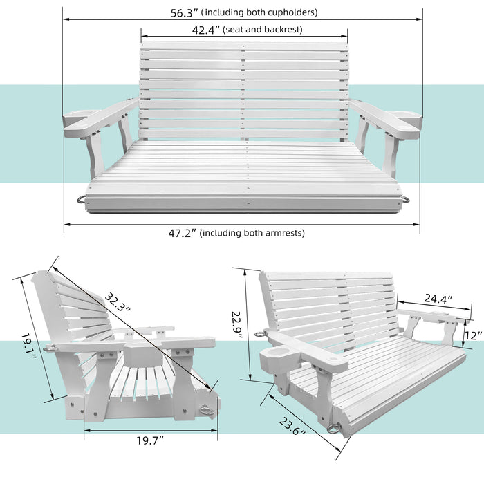 Wooden Porch Swing 2-Seater, Bench Swing with Cupholders, Hanging Chains and 7mm Springs, Heavy Duty 800 LBS, for Outdoor Patio Garden, Pure White, 4 FT Extra Large