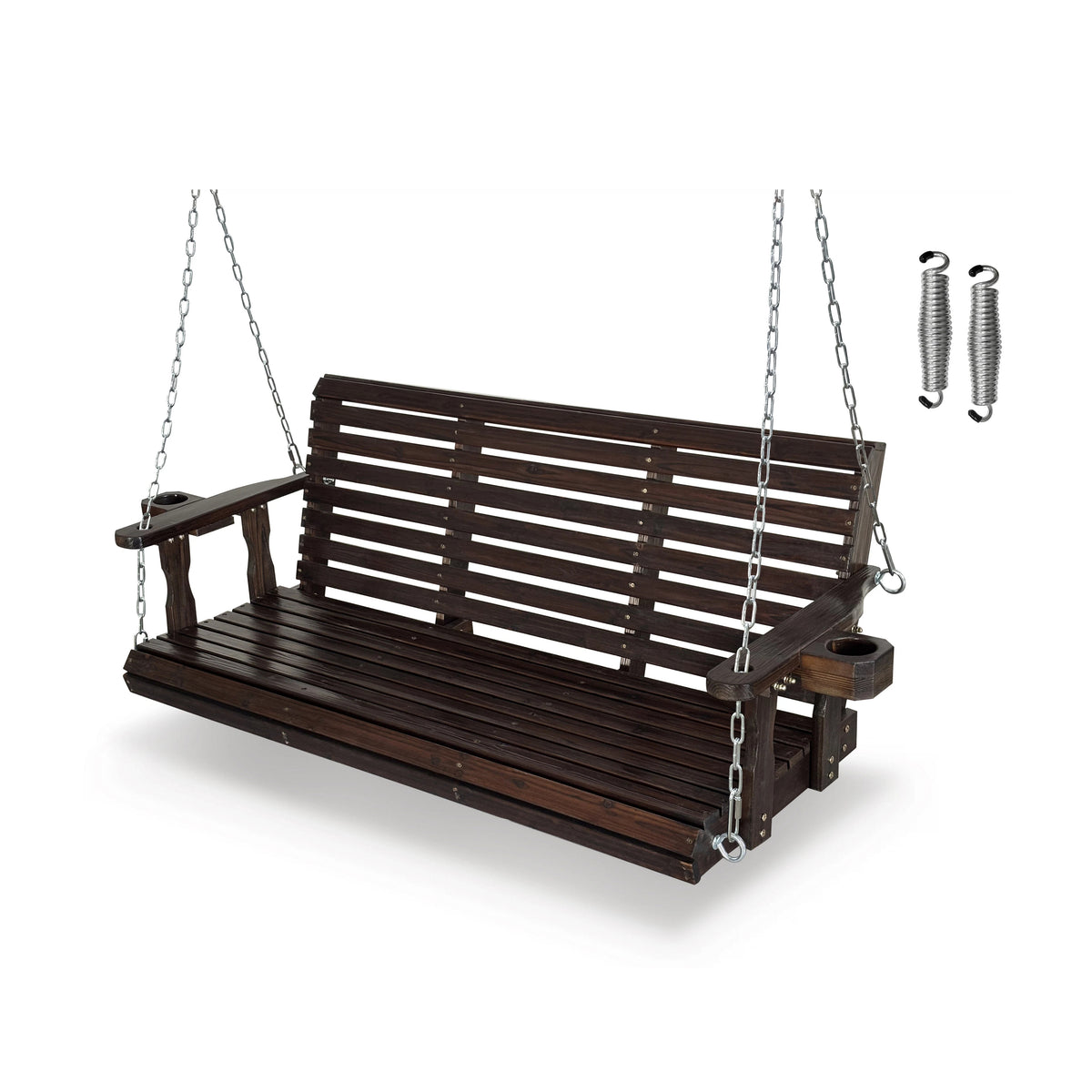 Fortune Candy Wooden Porch Swing 3-Seater, High Backrest and Deep Seat, Bench Swing with Cupholders, Hanging Chains and 7mm Springs, Heavy Duty 880 LBS (Deep Brown, 5 FT Extra Large)